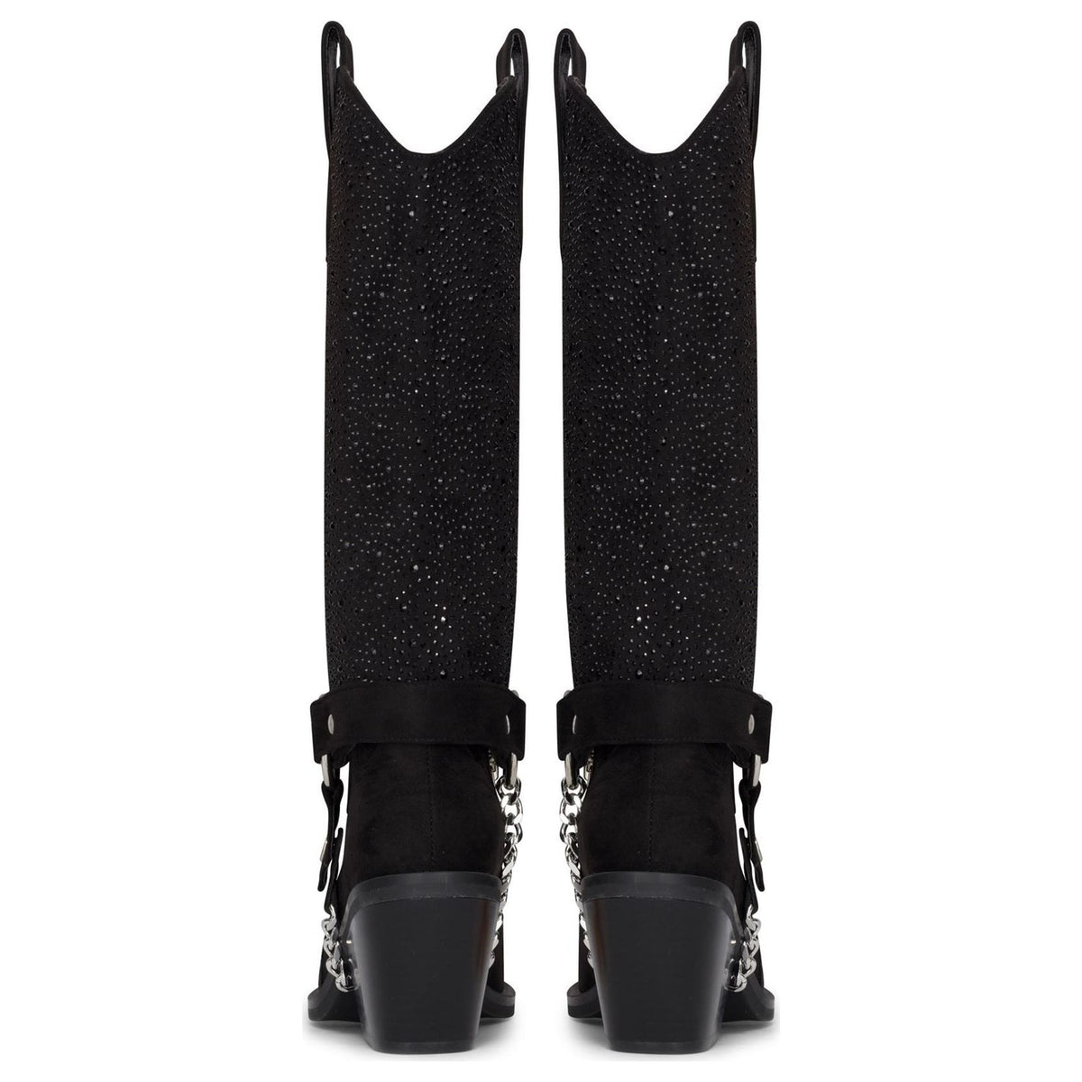 Women's Black Vegan Suede Rhinestone Western Knee-High Cowboy Boots