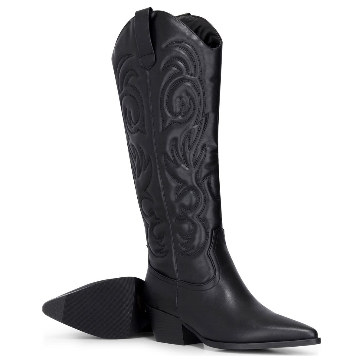 Women's Black Vegan Leather Embossed Stitching Western Cowboy Boots