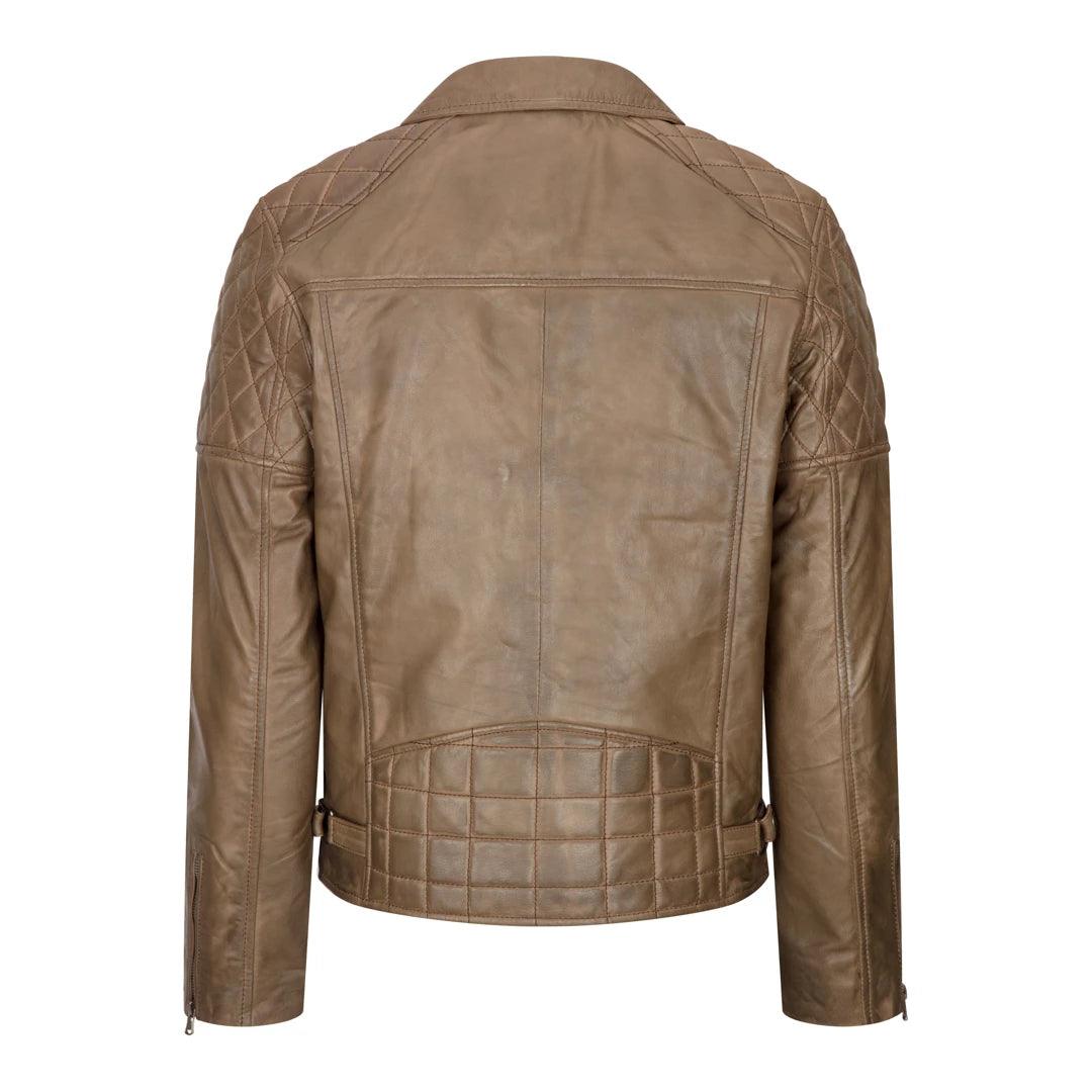 Mens Vintage Washed Tan Brown Real Leather Biker Jacket Cross Zip Retro Casual - Knighthood Store