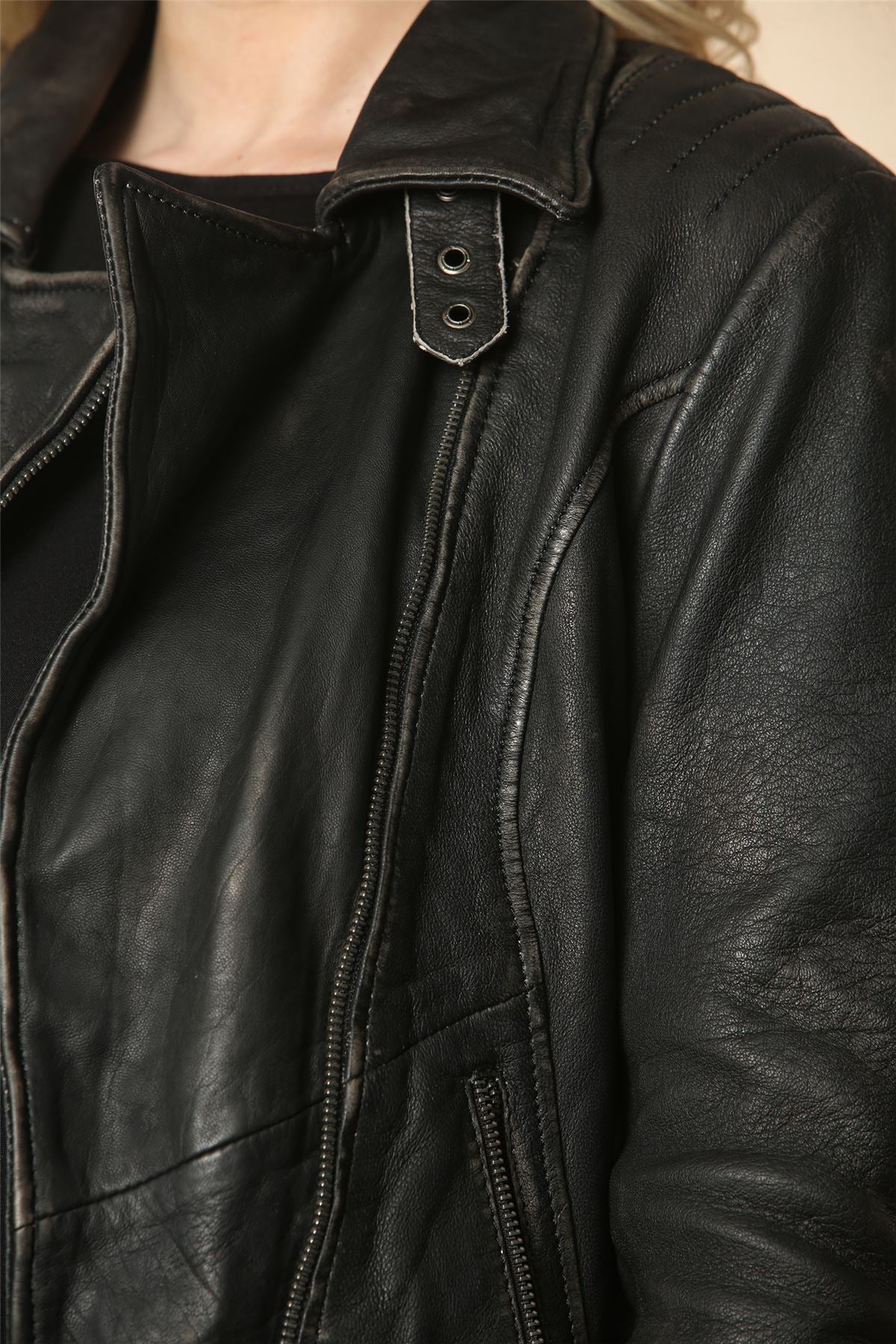 Women's Black Cross Zip Leather Brando Biker Jacket