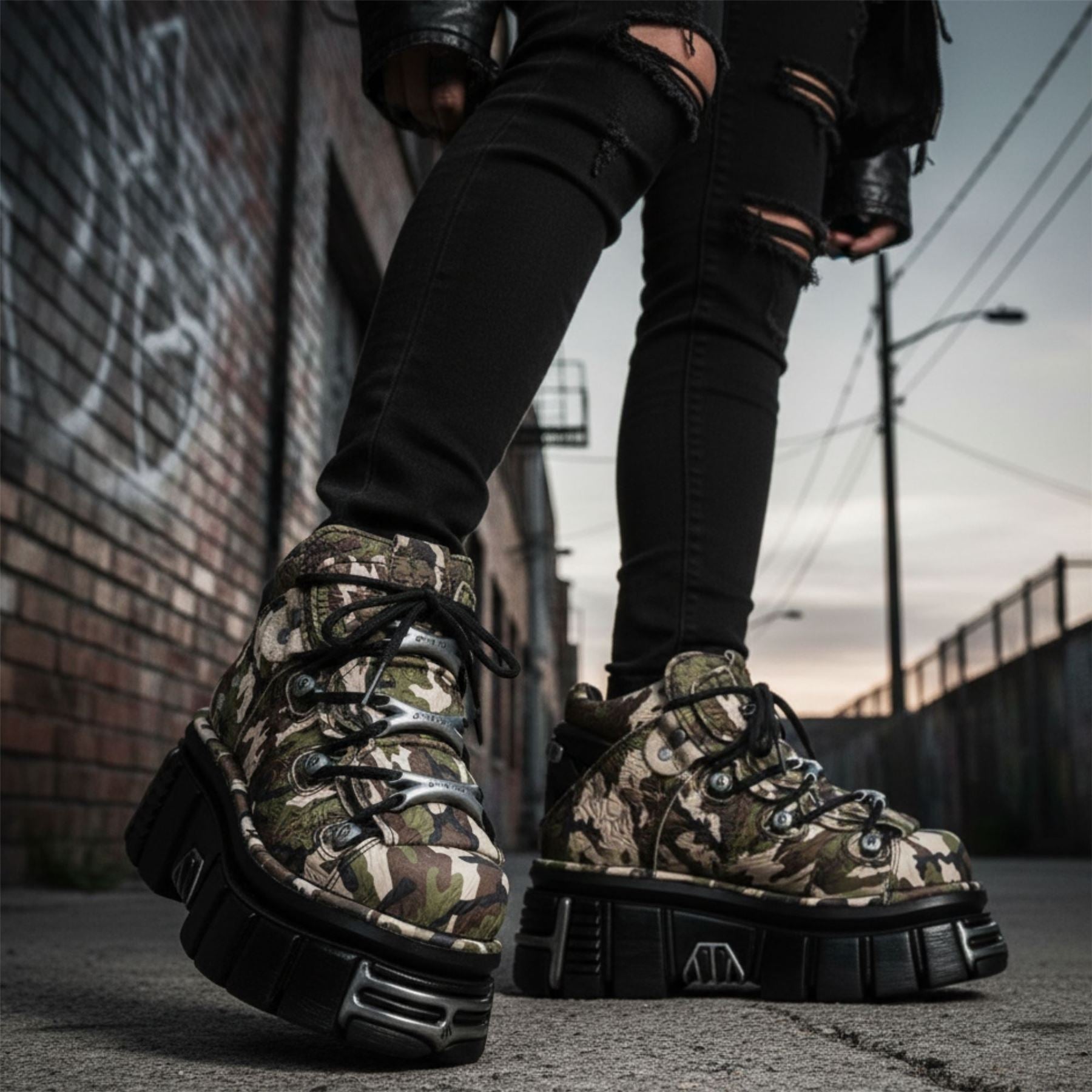 New Rock M-106-C169 Camouflage Leather Gothic Ankle Boots