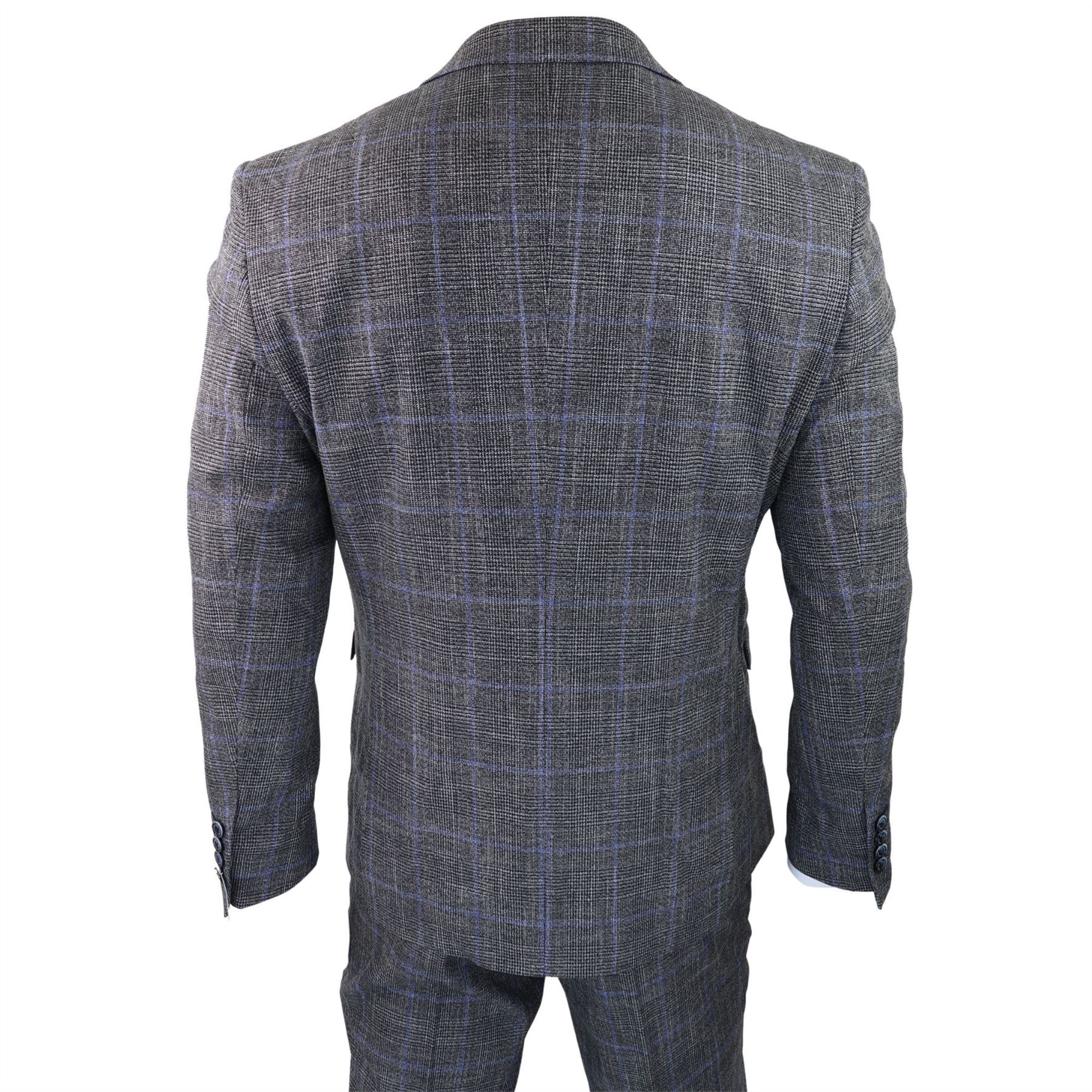 Mens 3 Piece Tailored Fit Suit Check Grey Blue Double Breasted Vintage Wedding