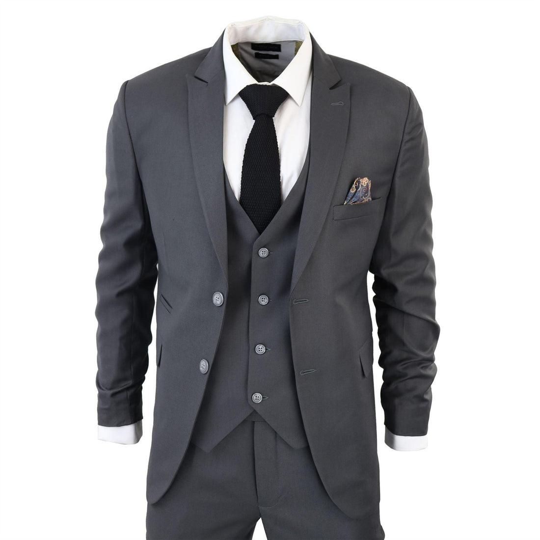 Men's Classic Charcoal Grey Suit 3 Piece Tailored Fit Vintage Office Wedding Prom - Knighthood Store