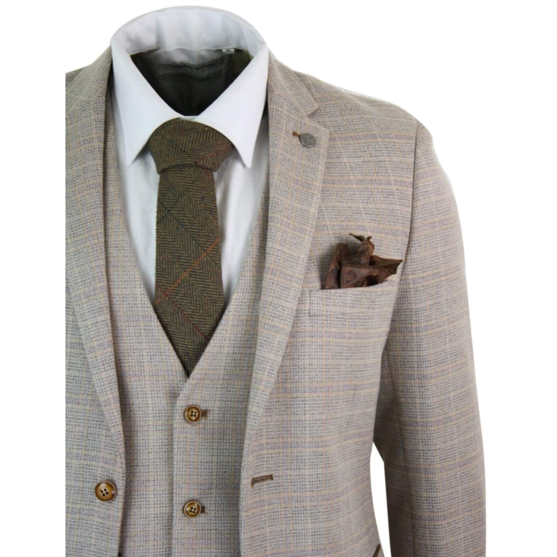Mens Check Tweed Beige Brown 3 Piece Suit Wedding Prom Vintage Retro Classic