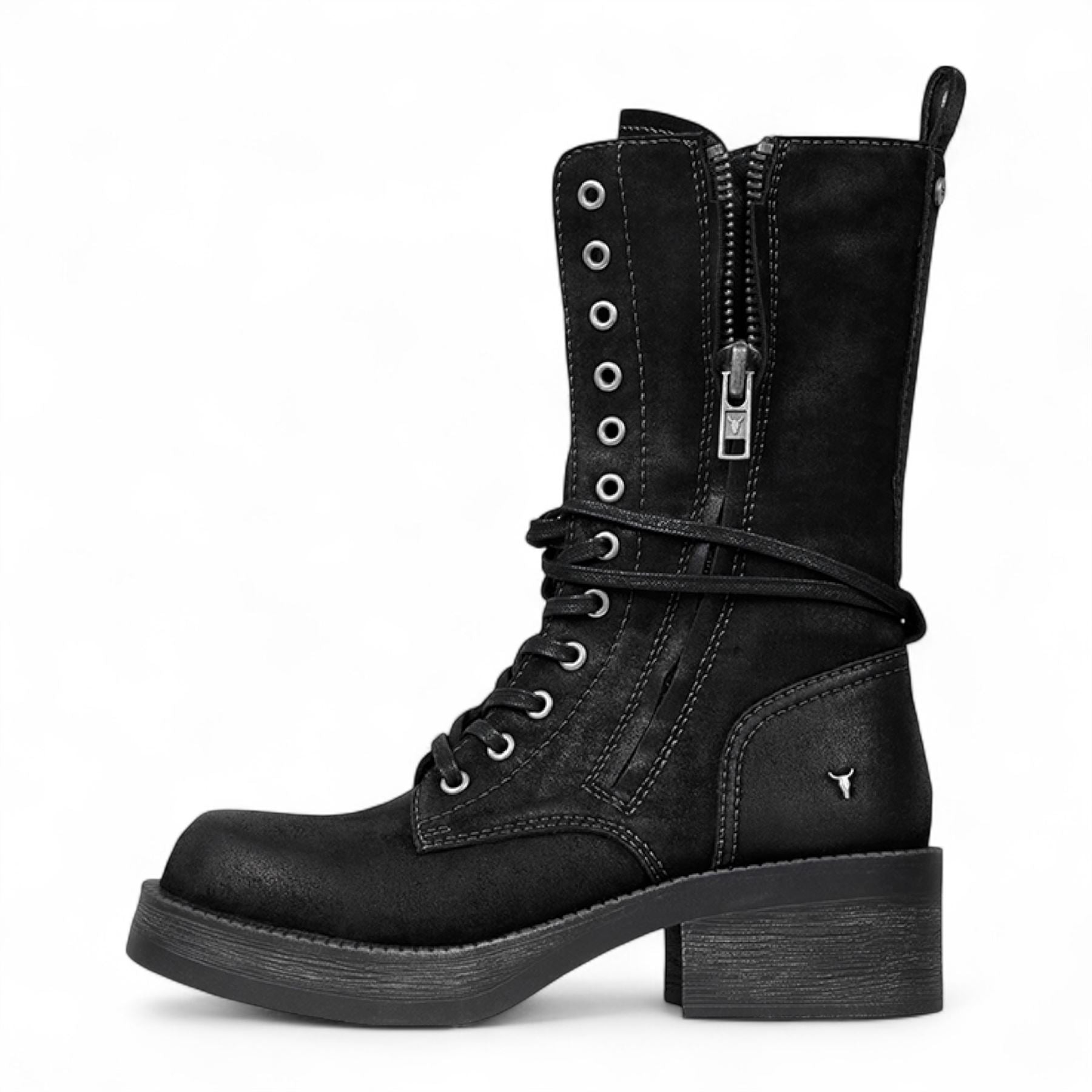 Gather - Women's Black Suede Mid-Calf Lace-Up Combat Boots