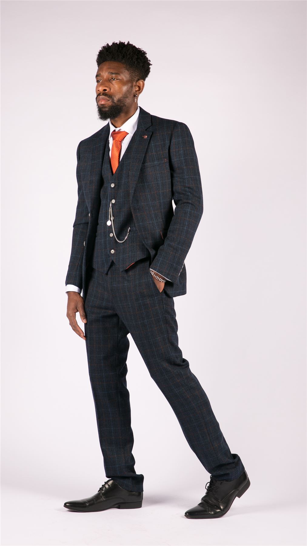 Mens Grey 3 Piece Suit Tan Navy Check Wedding Prom Formal Vintage Tailored Fit