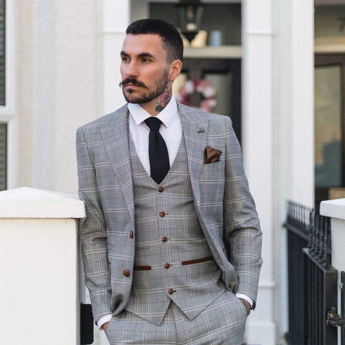 Mens Grey 3 Piece Suit Tan Brown Check Velvet Trims Wedding Tailored Fit Vintage