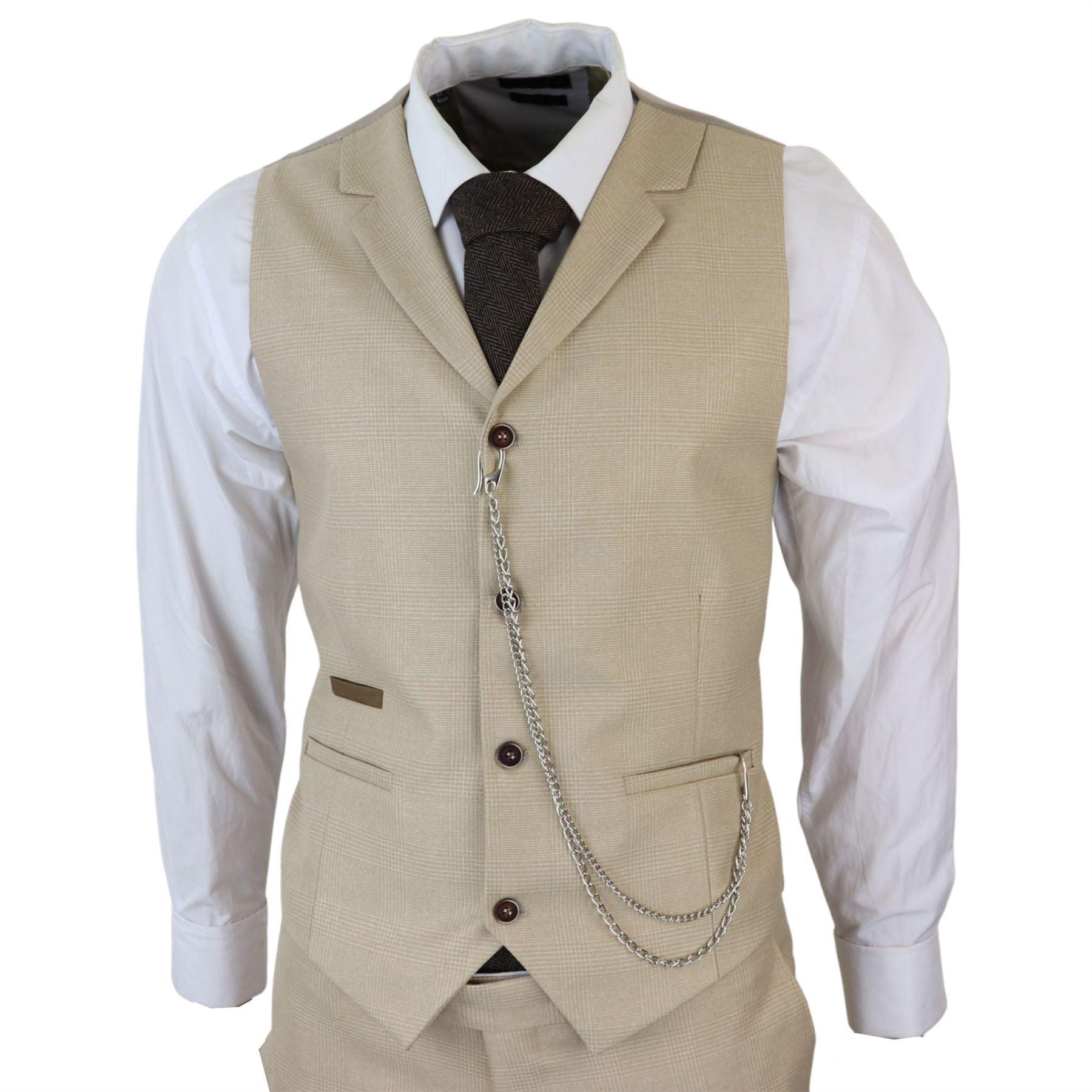 Mens 3 Piece Suit Prince Of Wales Check Cream Beige Tailored Fit Vintage Wedding - Knighthood Store