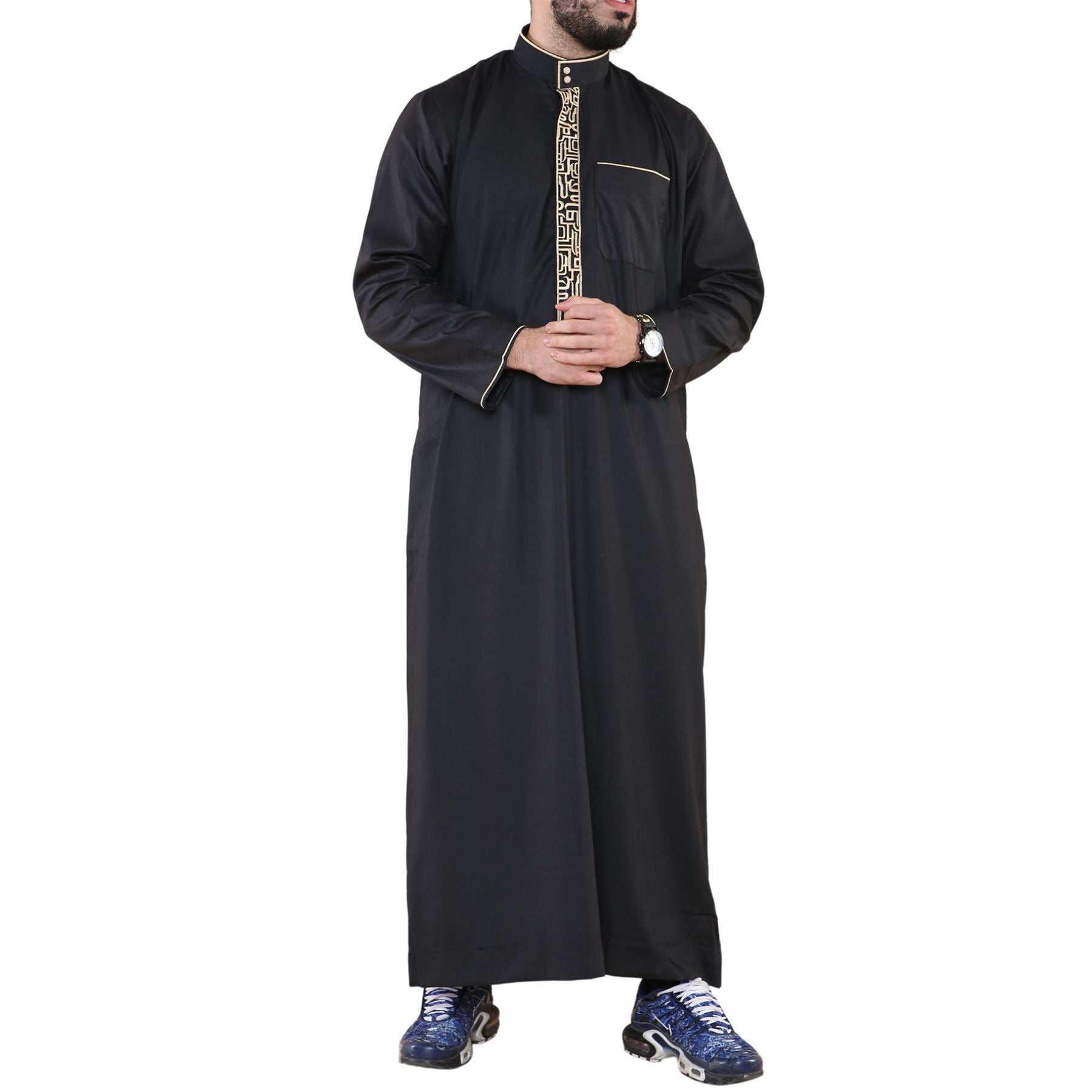 Mens Thobe Jubba Nehru Stand Collar Islamic Clothing Muslim Cotton Kaftan Embroidery Eid Robe Saudi