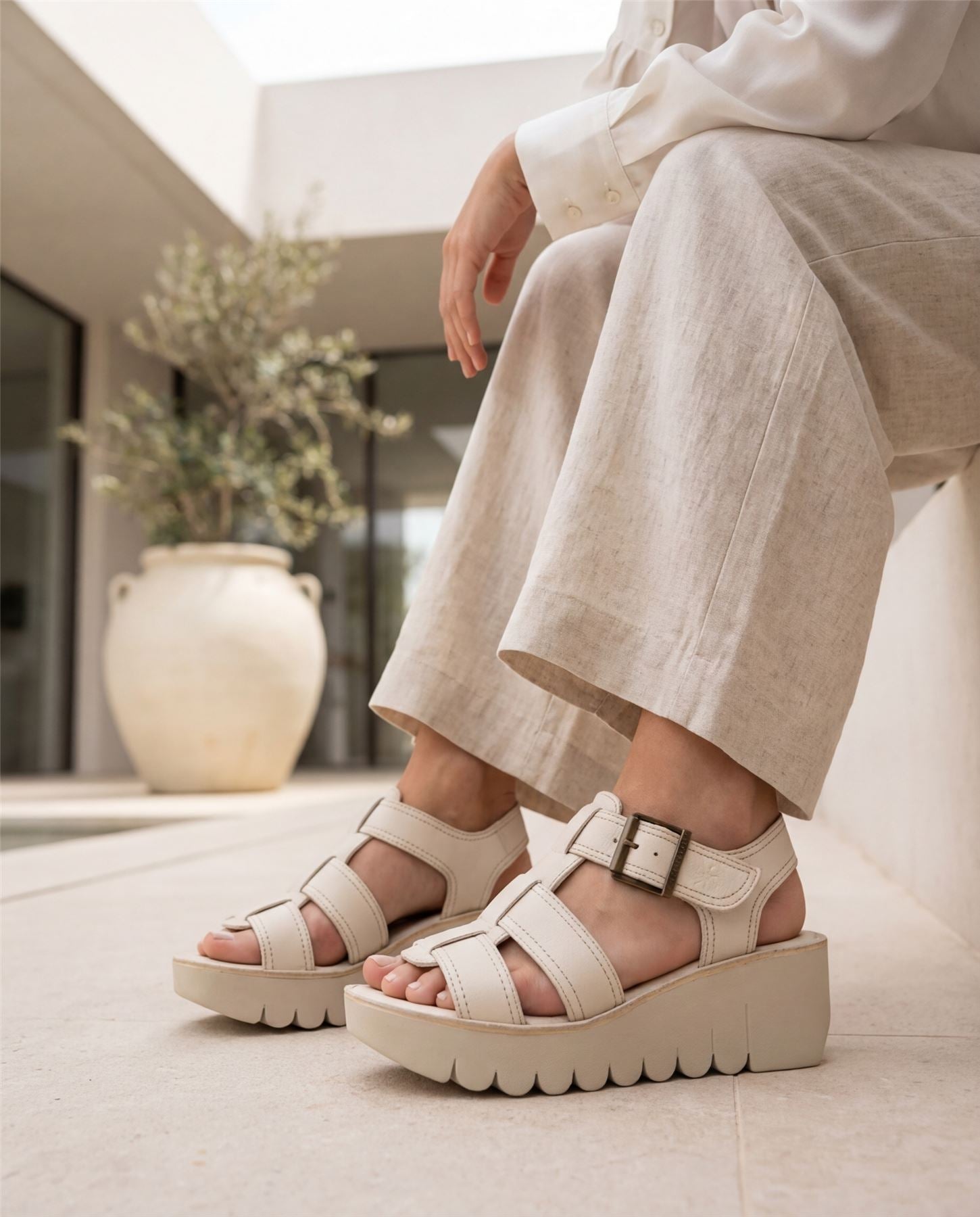 YUDD236FLY - Women’s Off White Leather Wedge Sandals