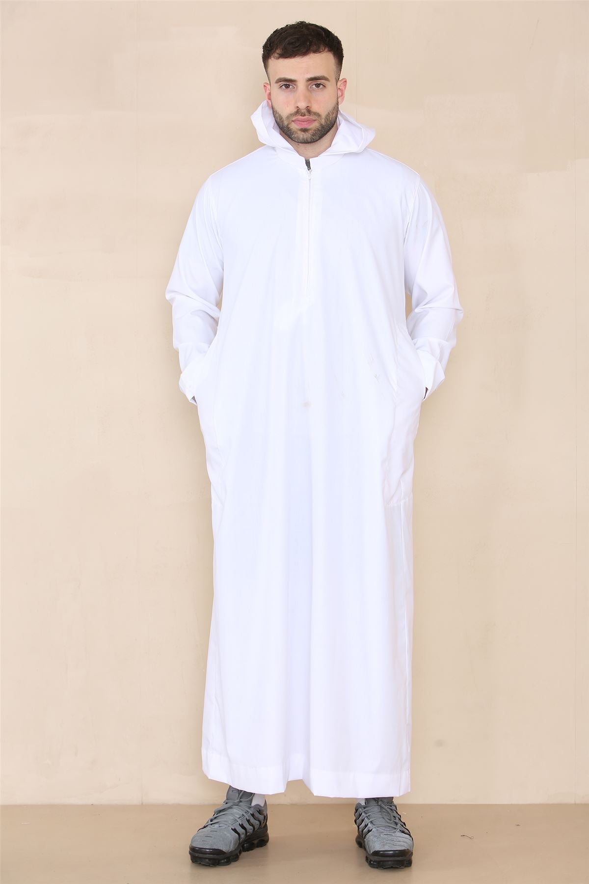 Mens Hooded Thobe Hood Jubba Nehru Stand Collar Islamic Clothing Muslim Kaftan Robe Saudi Slim Regular Fit