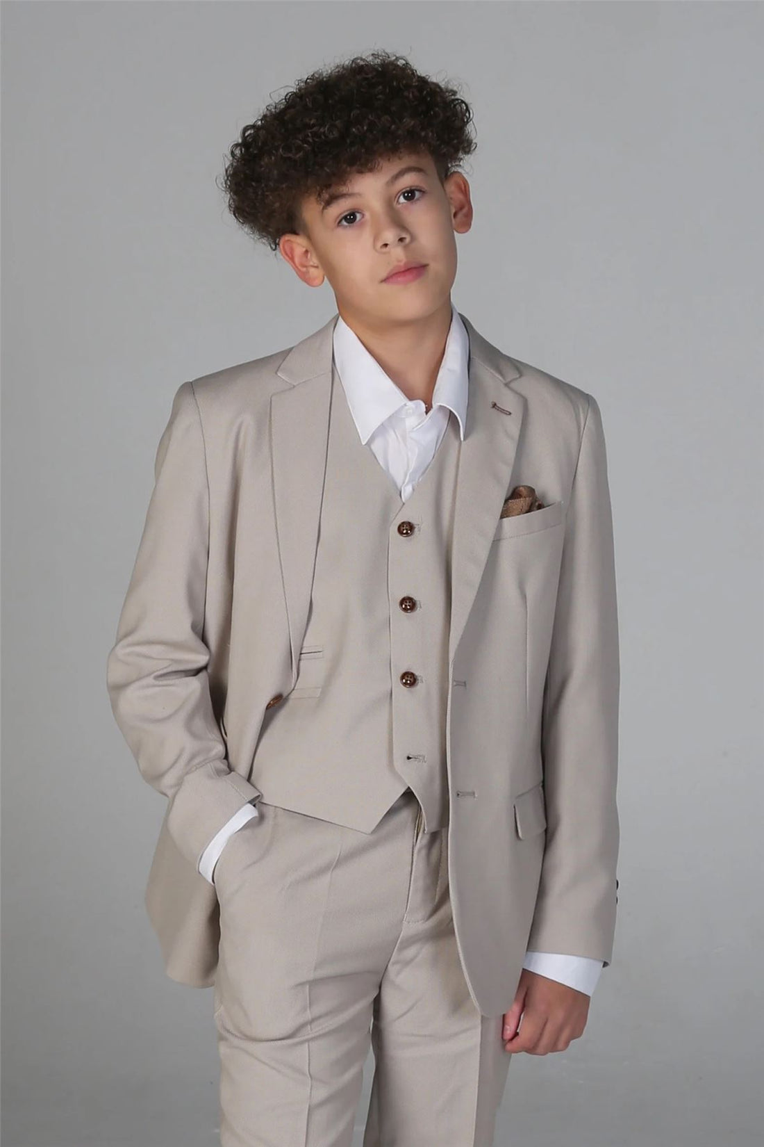 Boys 3 Piece Beige Suit Classic Birdseye Wedding