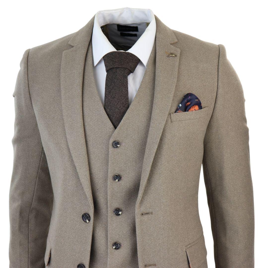 Men's Beige 3 Piece Suit Tweed Wool Herringbone Formal Business Dress Suits - Knighthood Store