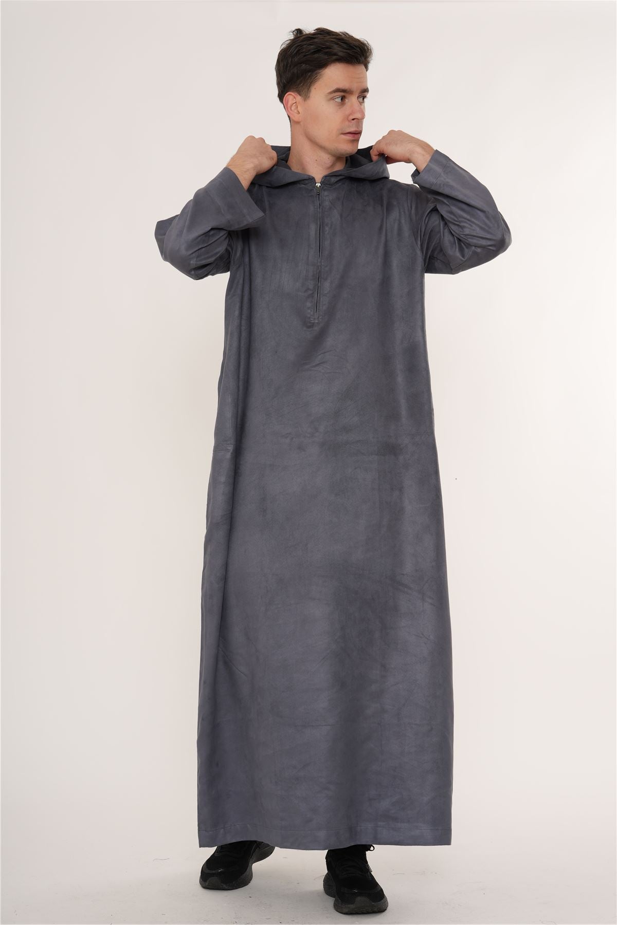 HM12 - Men's Hooded Suede Thobe Emirati Omani Zipped Thobe