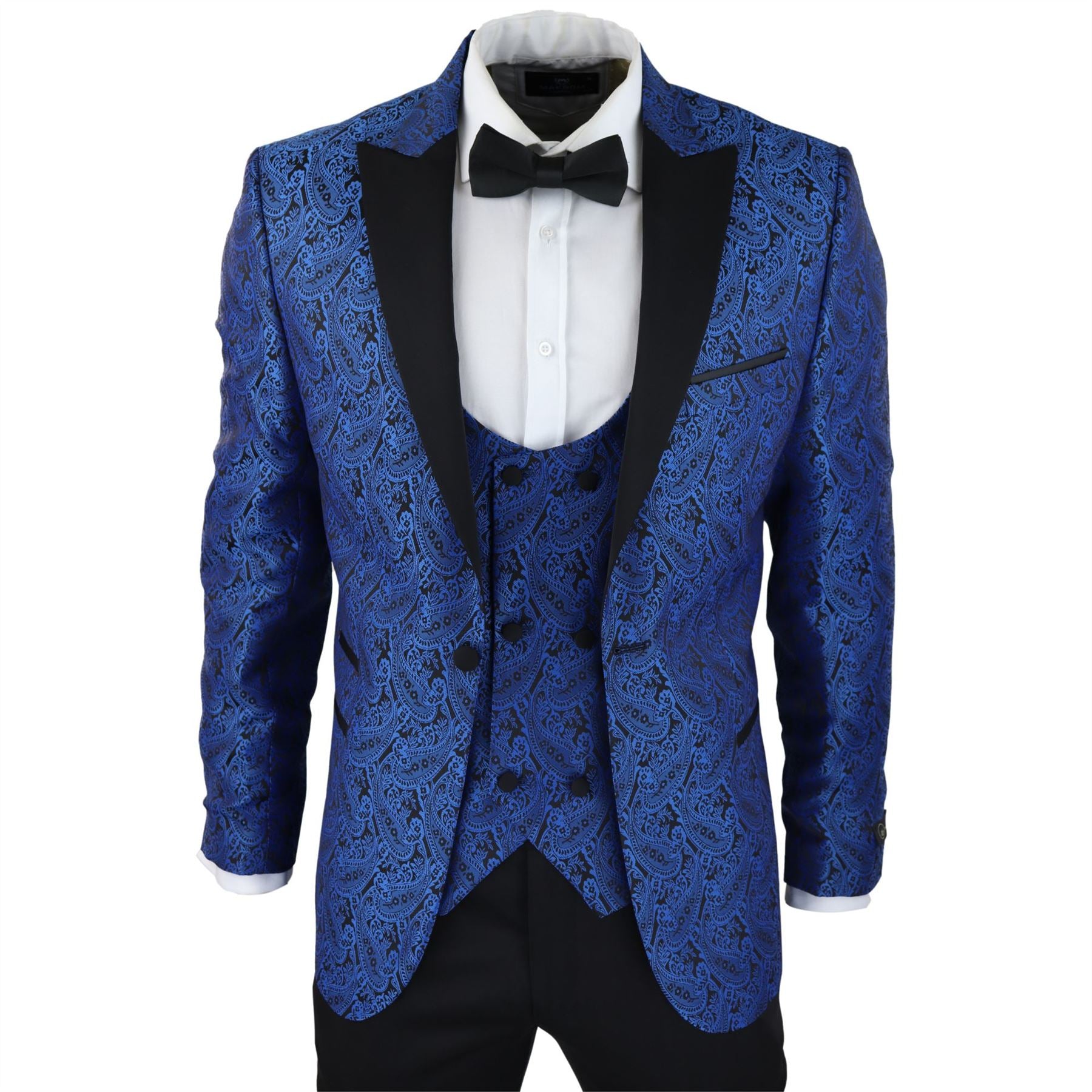 Mens Paisley Tuxedo Blazer And Waistcoat Brocade Dinner Jacket Satin Black Blue