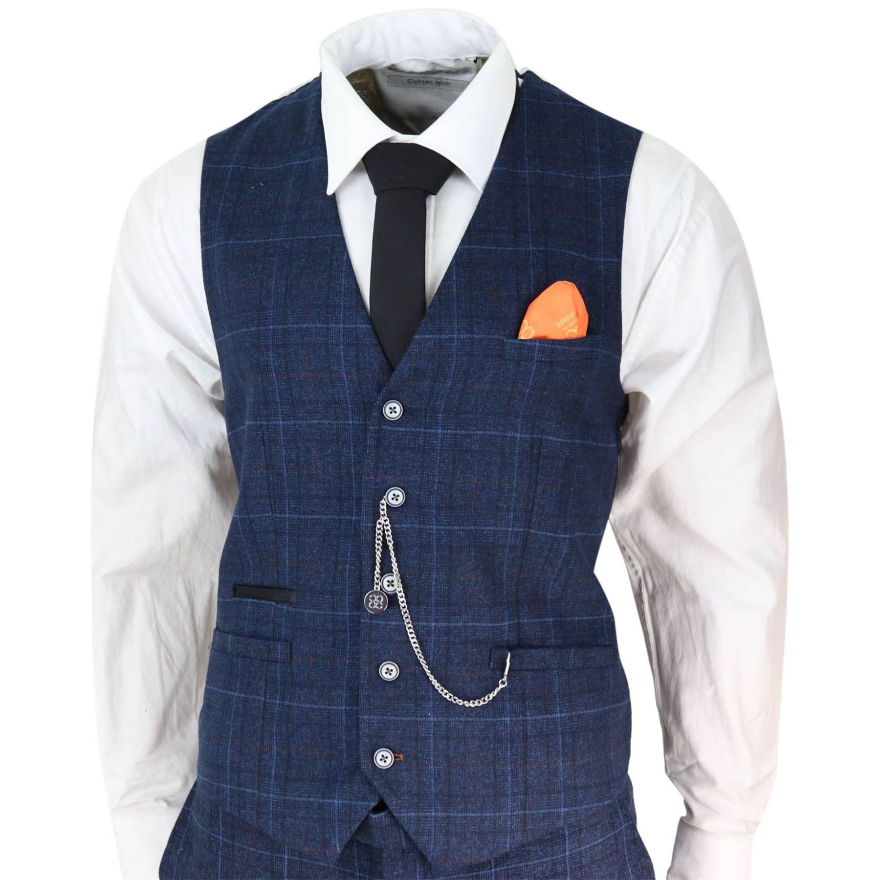 Mens Grey 3 Piece Suit Tan Navy Check Wedding Prom Formal Vintage Tailored Fit