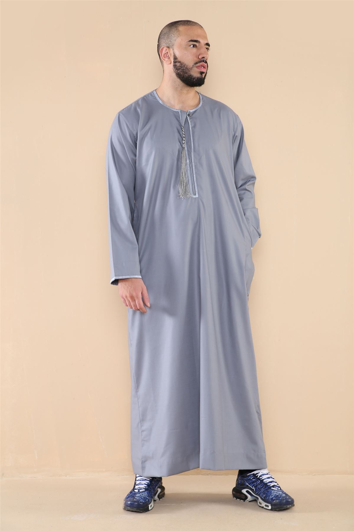 Mens Thobe Jubba Islamic Clothing Muslim Kaftan Emirati Omani Robe Arab Tassel