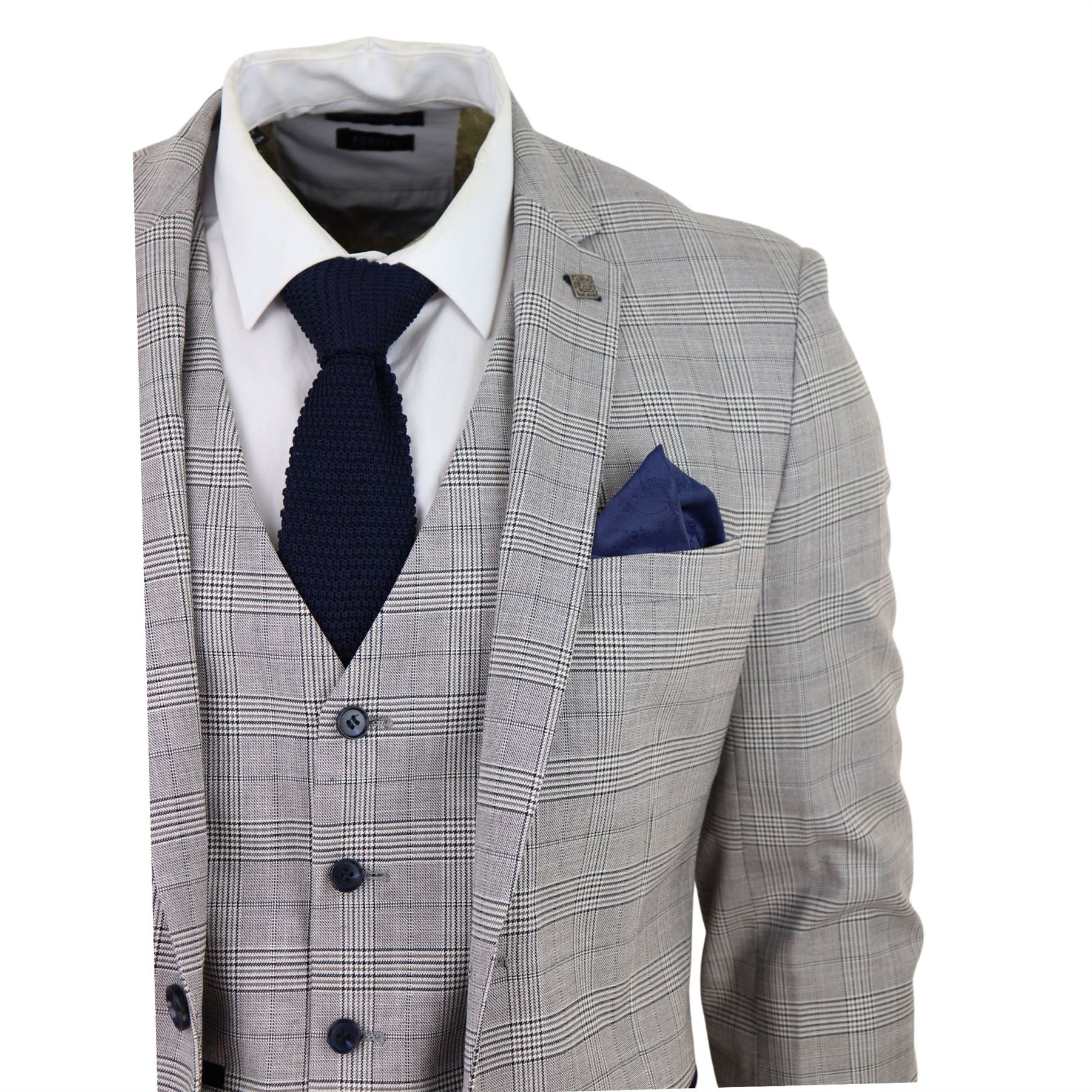 Mens Light Grey 3 Piece Suit Navy Blue Check Velvet Trims Wedding Tailored Fit Classic