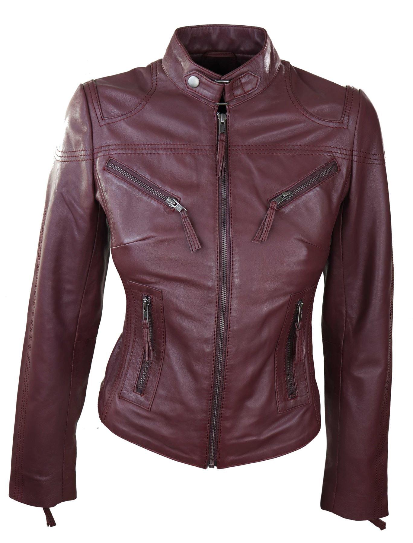 Ladies Women Genuine Real Leather Slim Fit Navy Biker Jacket - Knighthood Store
