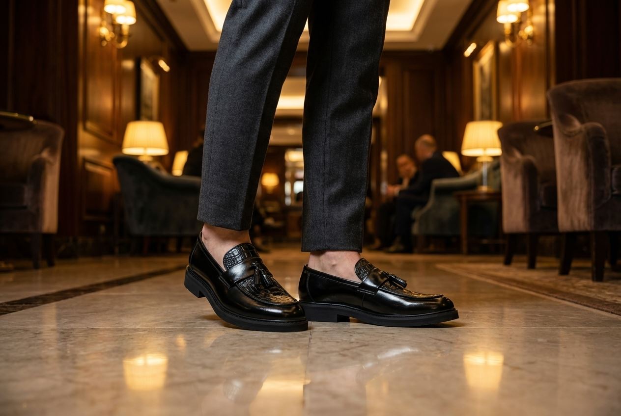 Men’s PU Leather Tassel Loafers Non-Slip Lug Sole Textured Moc-Toe Slip-On Shoes