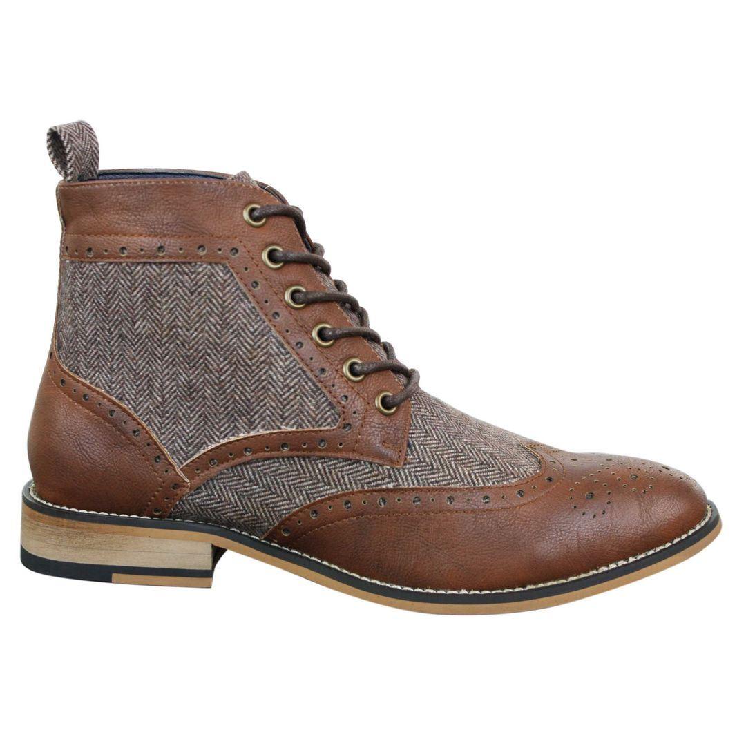 Mens Leather Tweed Herringbone Ankle Boots Shoes Blinders Sherlock Vintage Classic - Knighthood Store