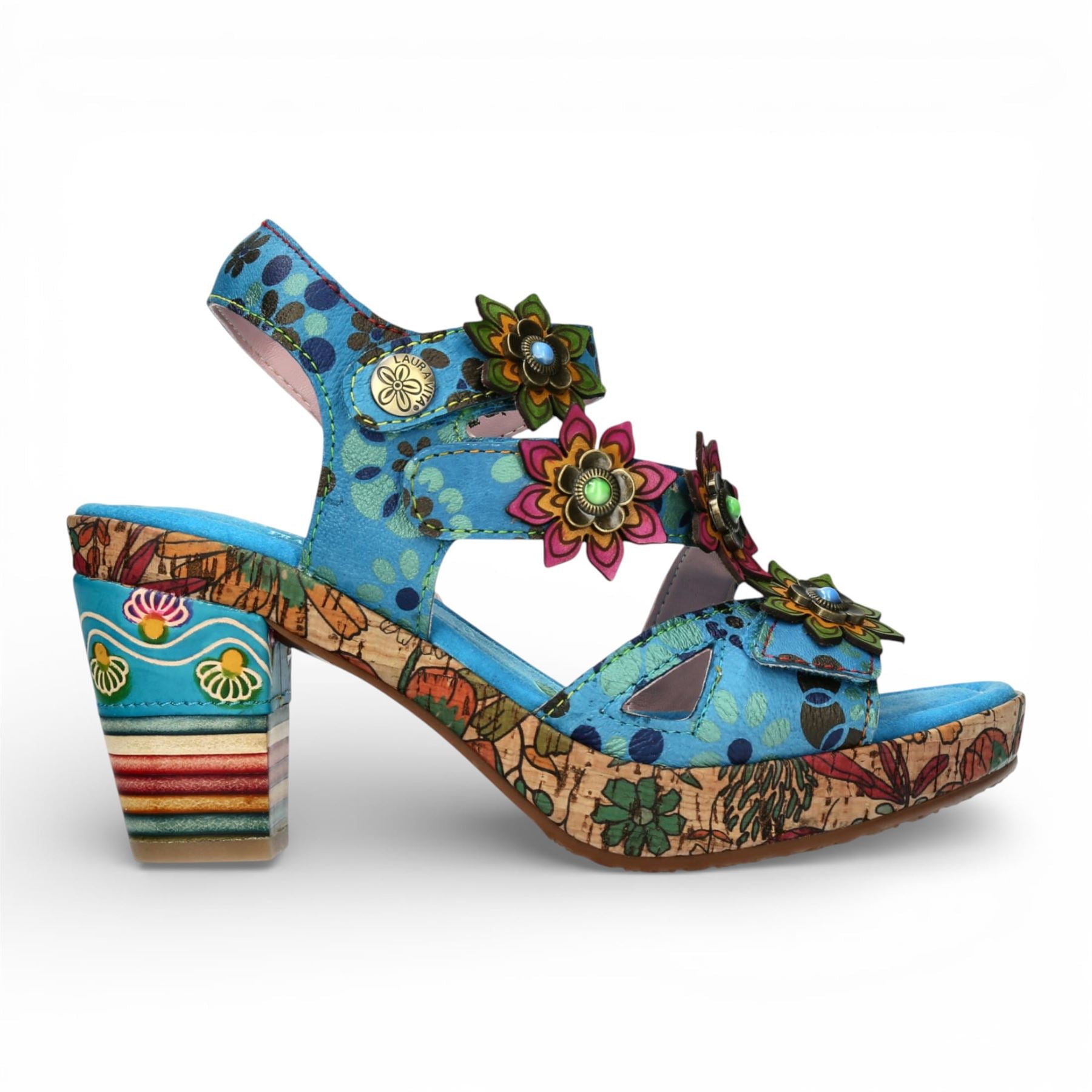 Nellao 33 - Women's Blue Floral Leather Wedge Sandals