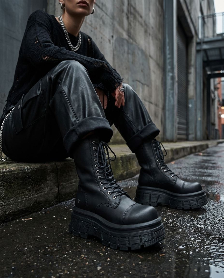 Screaming - Women's Black Mid-Calf Leather Platform Boots