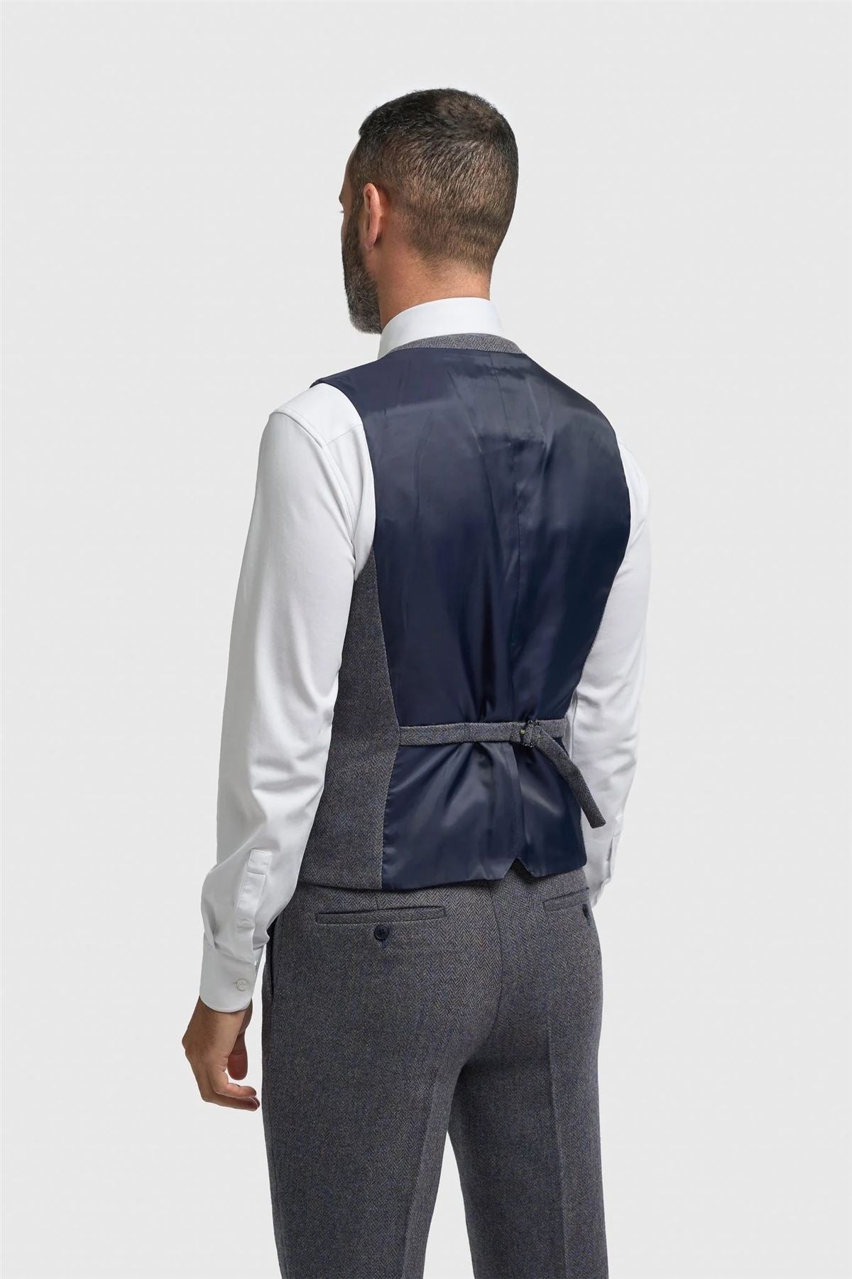 Thomas - Men's Navy Wool Blend Herringbone Tweed Waistcoat