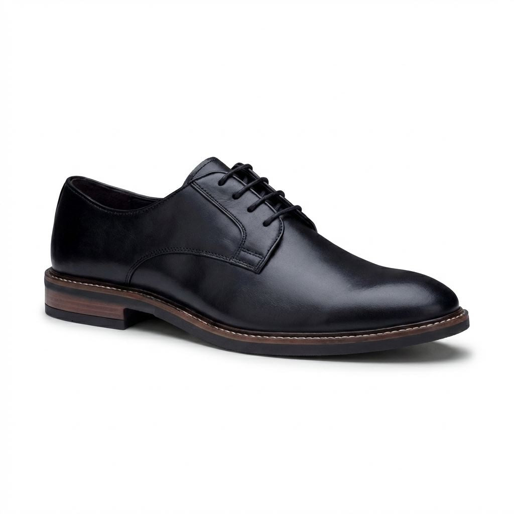 Tanner - Men’s Black Leather Plain Toe Derby Lace-Up Shoes