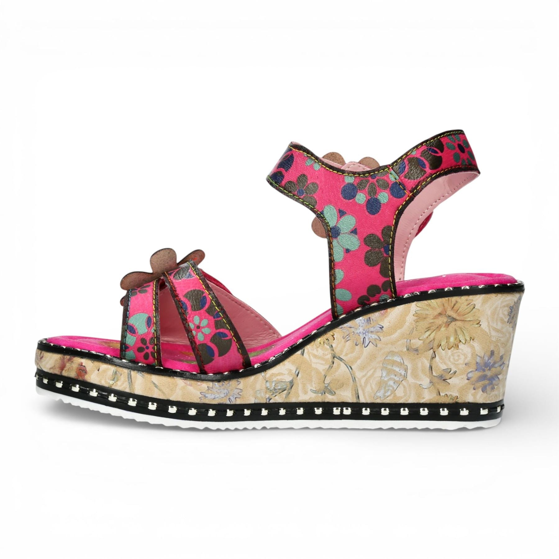 Ballon 08 - Women's Pink Floral Leather Wedge Sandals