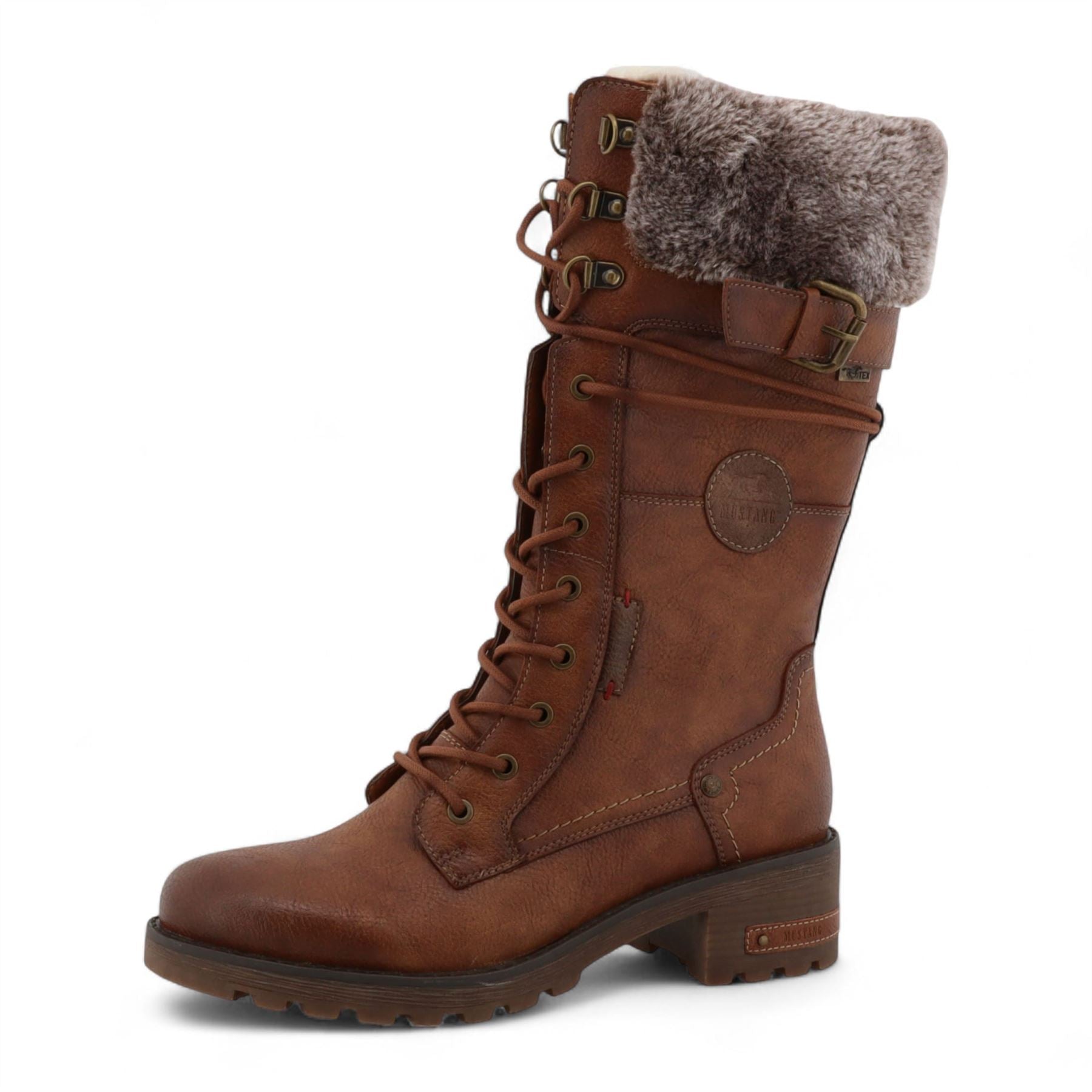 Women's Brown Mid-Calf Faux Fur Winter Combat Boots