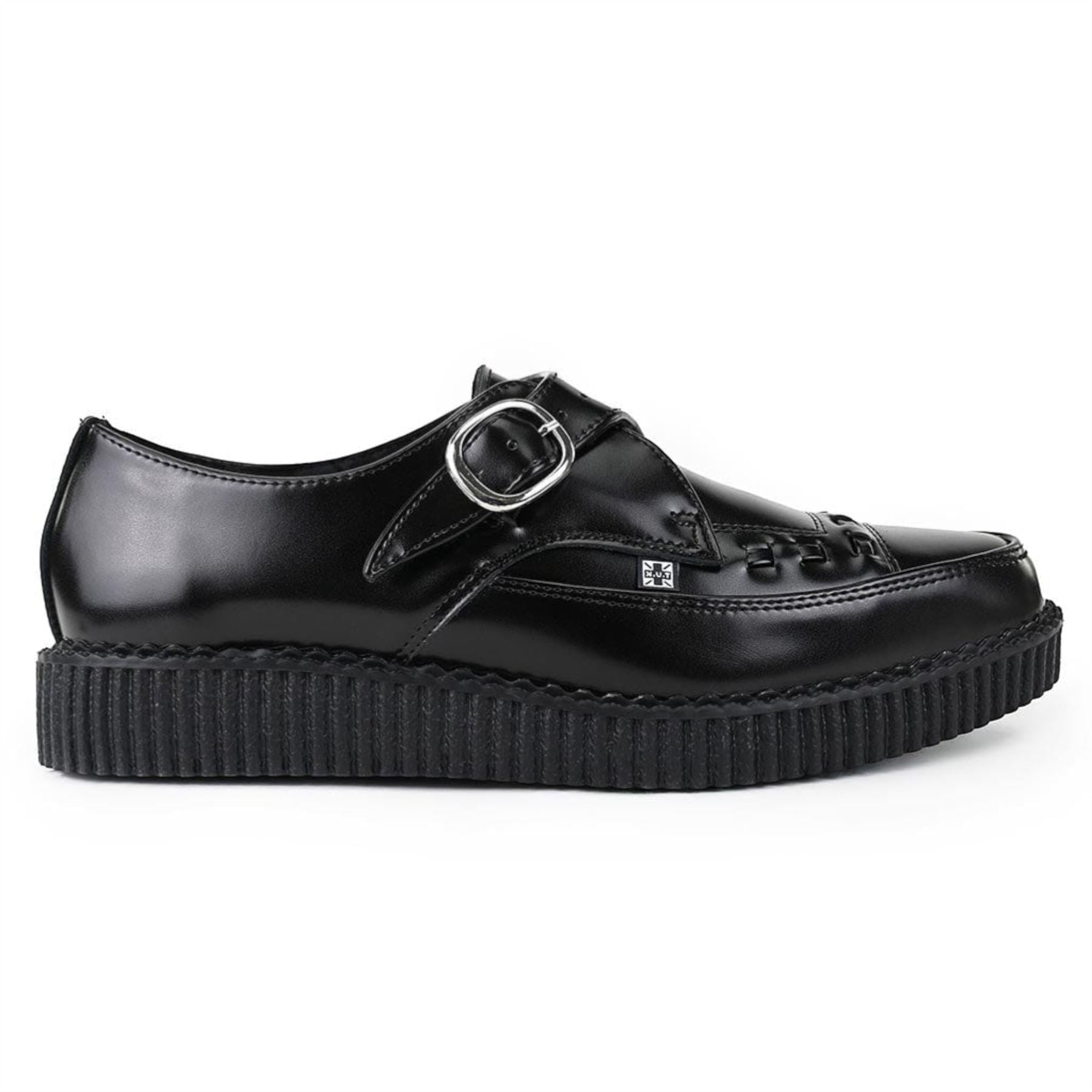 Pointed Creeper Black Leather Monk Buckle Platform Shoes
