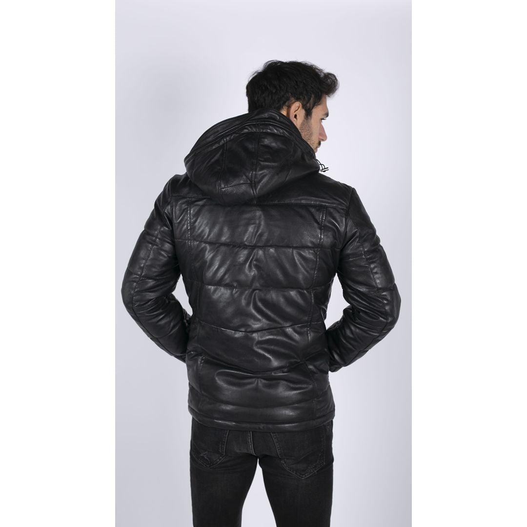Mens Puffer Hood Quilted Jacket Real Leather Black Casual Retro 80s Classic Casual - Knighthood Store