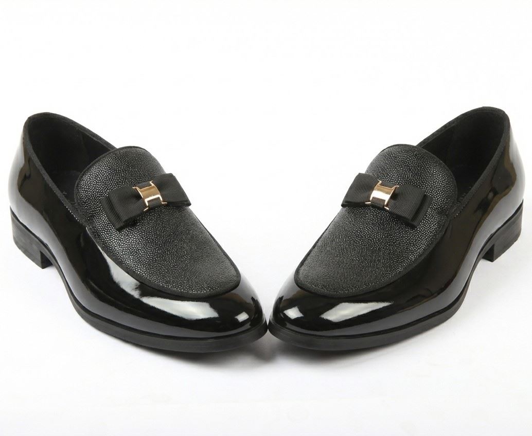 Men’s Formal Dress Loafers Patent PU Leather Textured Front Iconic Buckle Bow Modern Slip-On Shoes