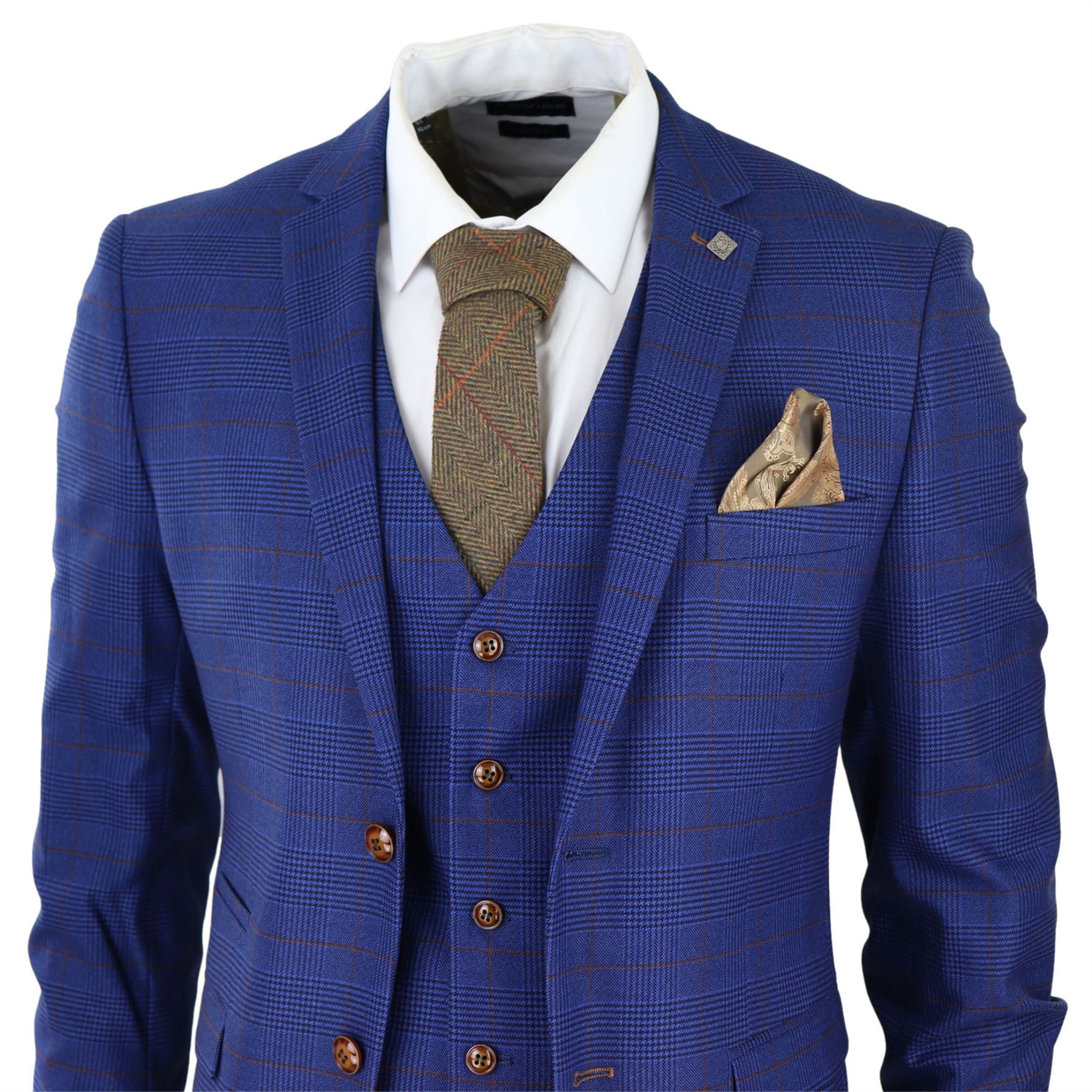 Mens Blue Brown Check 3 Piece Suit Tailored Fit Wedding Prom Races Prince Of Wales