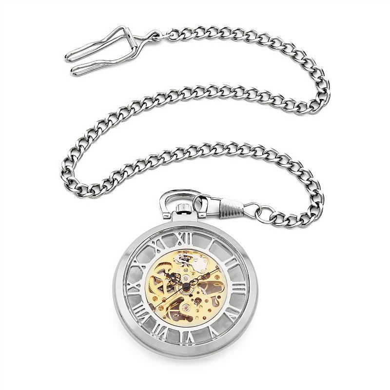 Mechanical Skeleton Open Face Silver Pocket Watch