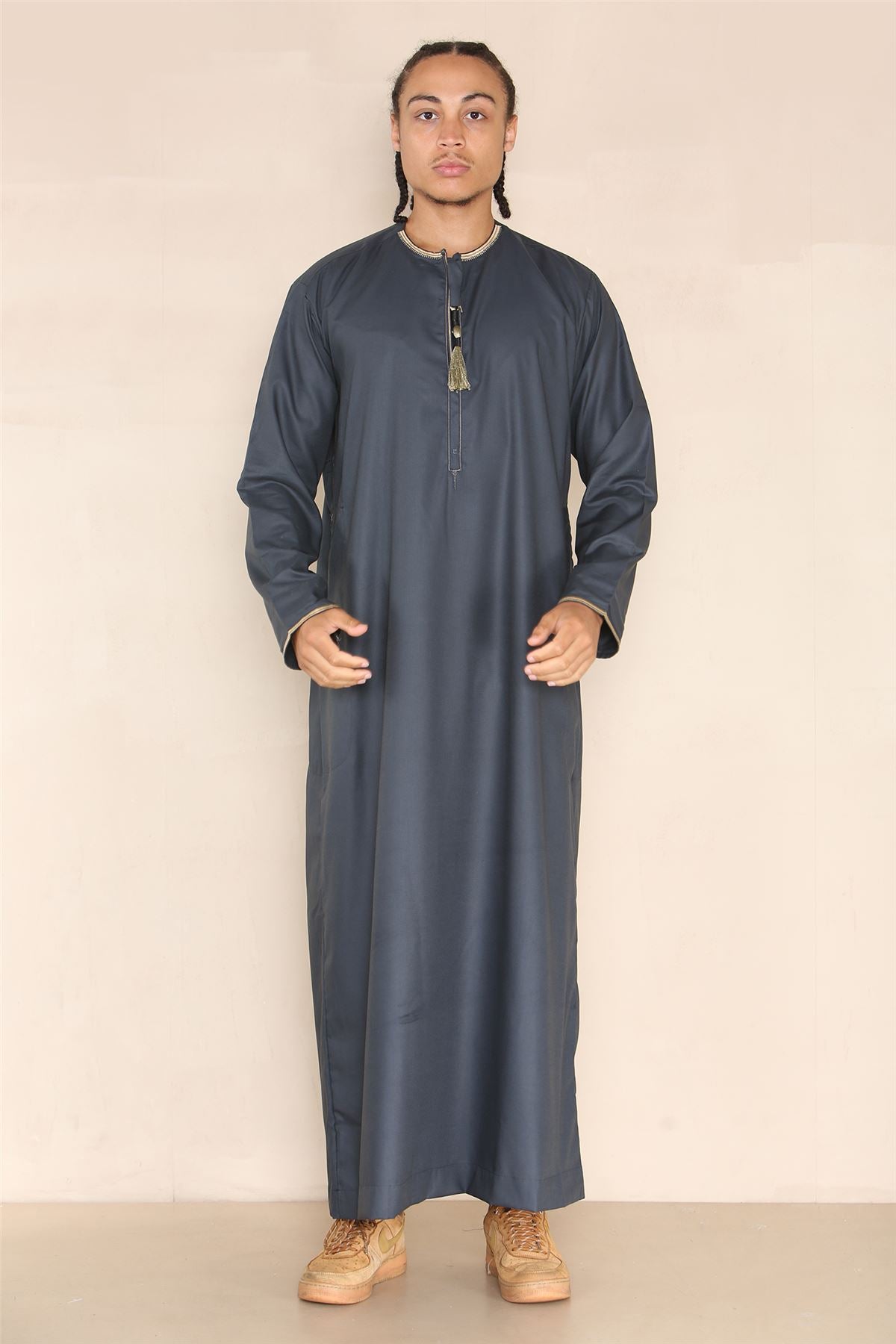 Mens Emirati Omani Thobe Jubba Islamic Clothing Muslim Kaftan Eid Robe Arab String Tassel