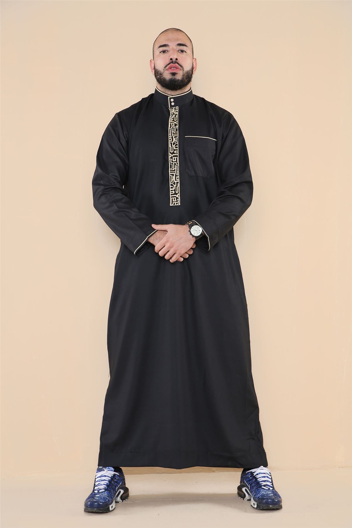 Mens Thobe Jubba Nehru Stand Collar Islamic Clothing Muslim Cotton Kaftan Embroidery Eid Robe Saudi