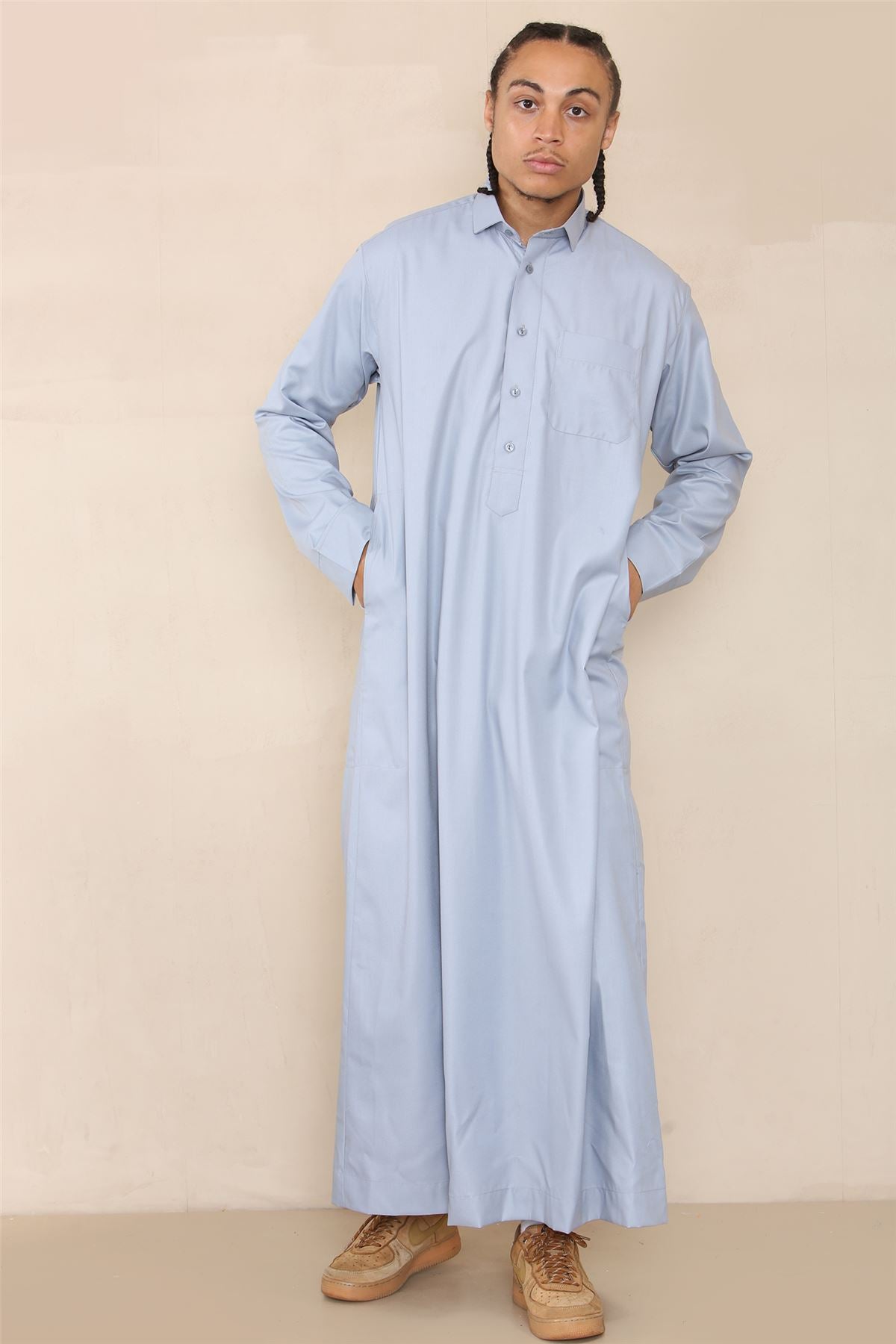 Mens Thobe Jubba Turn Down Collar Islamic Muslim Cotton Kaftan Dress Robe Arabic