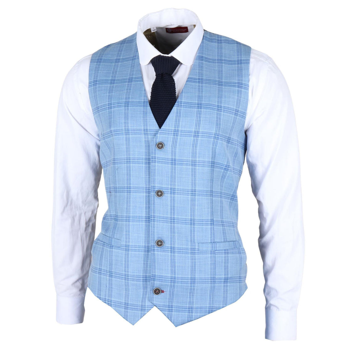 Men's Waistcoat Light Blue Checked Tailored Fit Vest - Knighthood Store