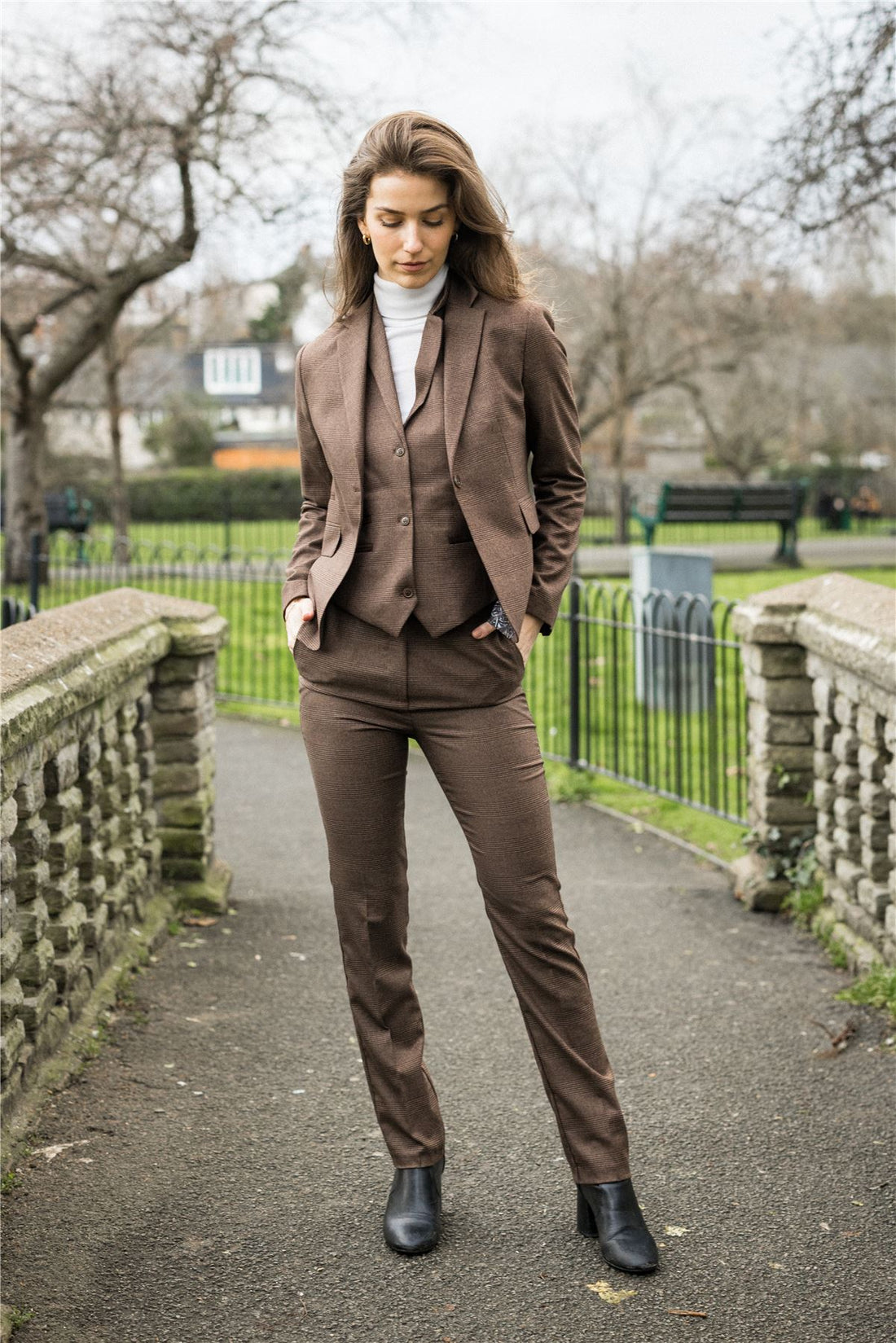 Women's Suit 3 Piece Brown Prince Of Wales Check Tailored Fit Business Formal Ladies Dress