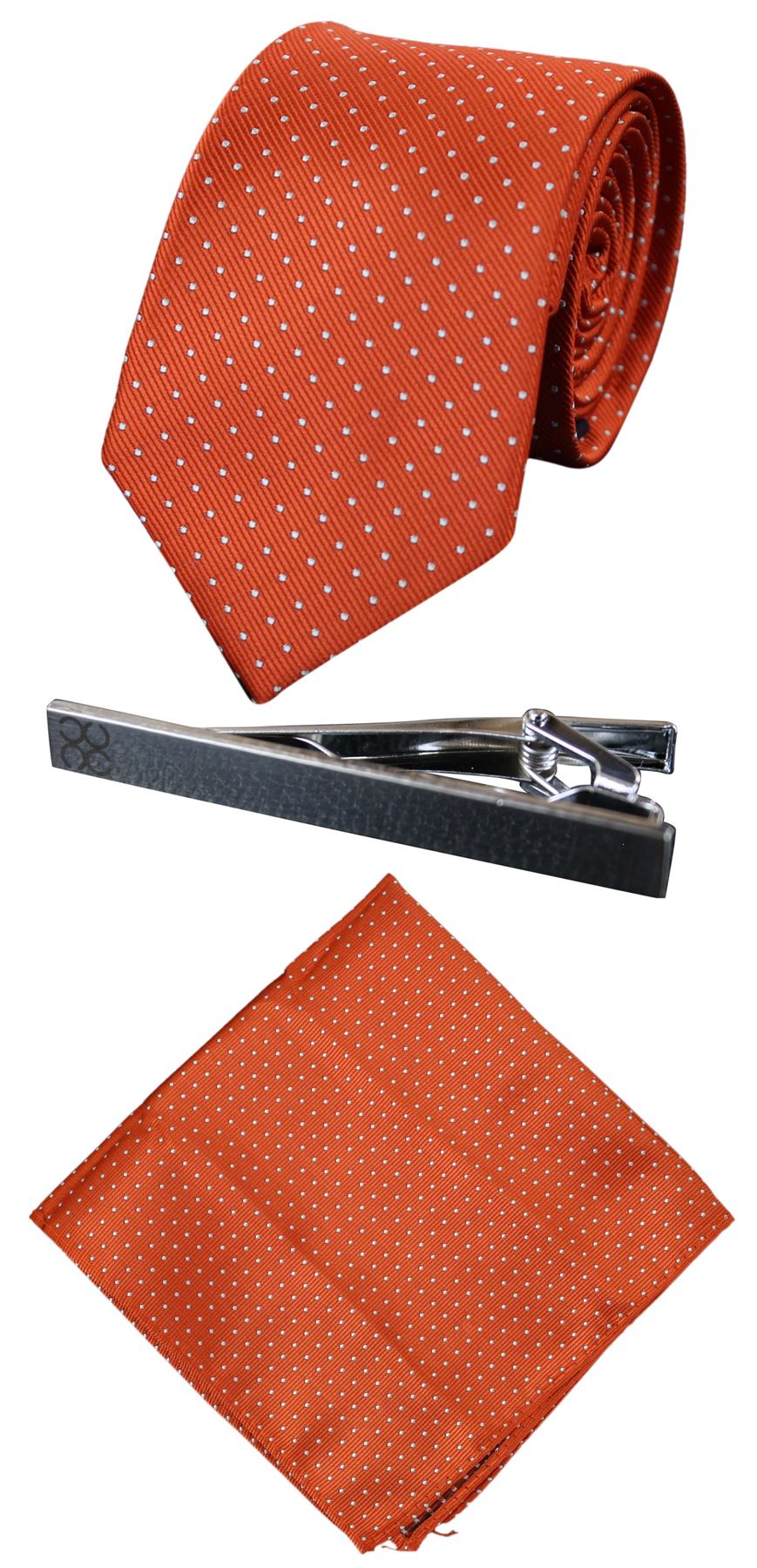 Mens Matching Satin Silk Tie Hanky Hankerchief & Tie Clip Polka Dot Wedding Prom Office