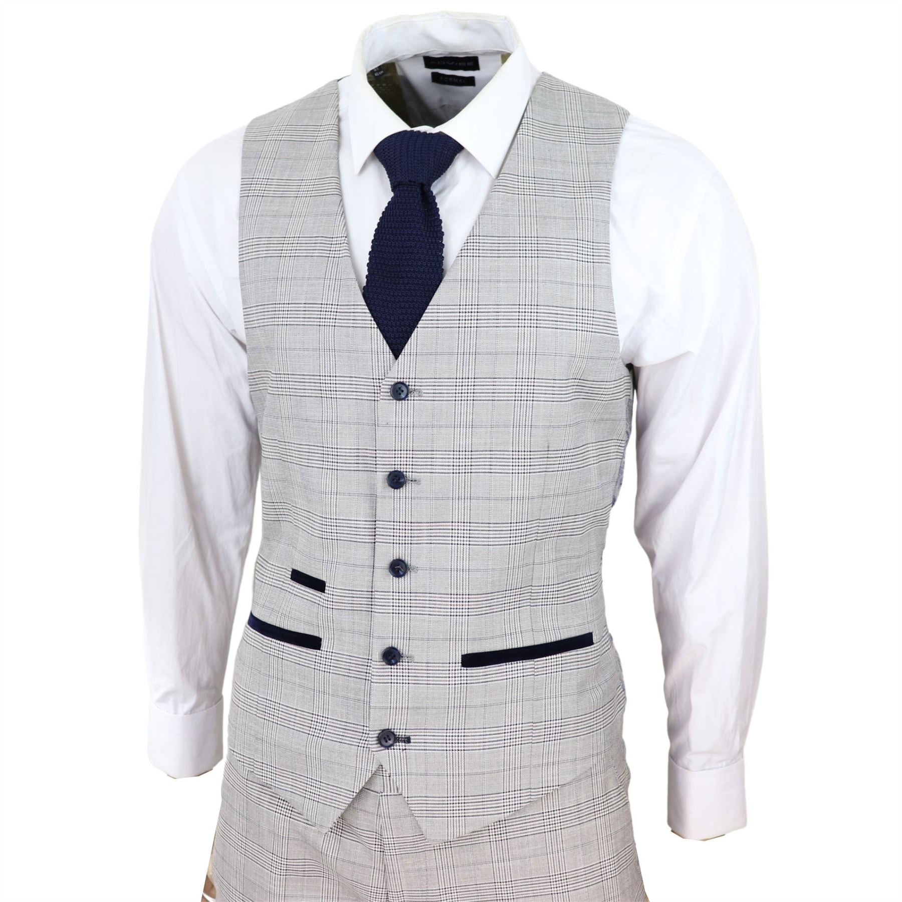 Mens Light Grey 3 Piece Suit Navy Blue Check Velvet Trims Wedding Tailored Fit Classic