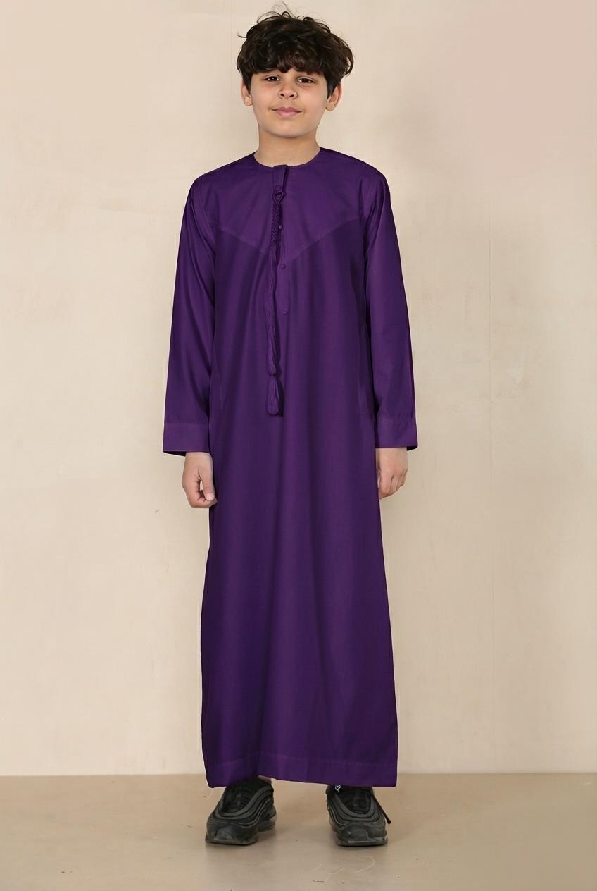 Boy's Thobe Emirati Omani Jubba Islamic Clothing Muslim Kaftan Eid Robe String Tassel | Purple