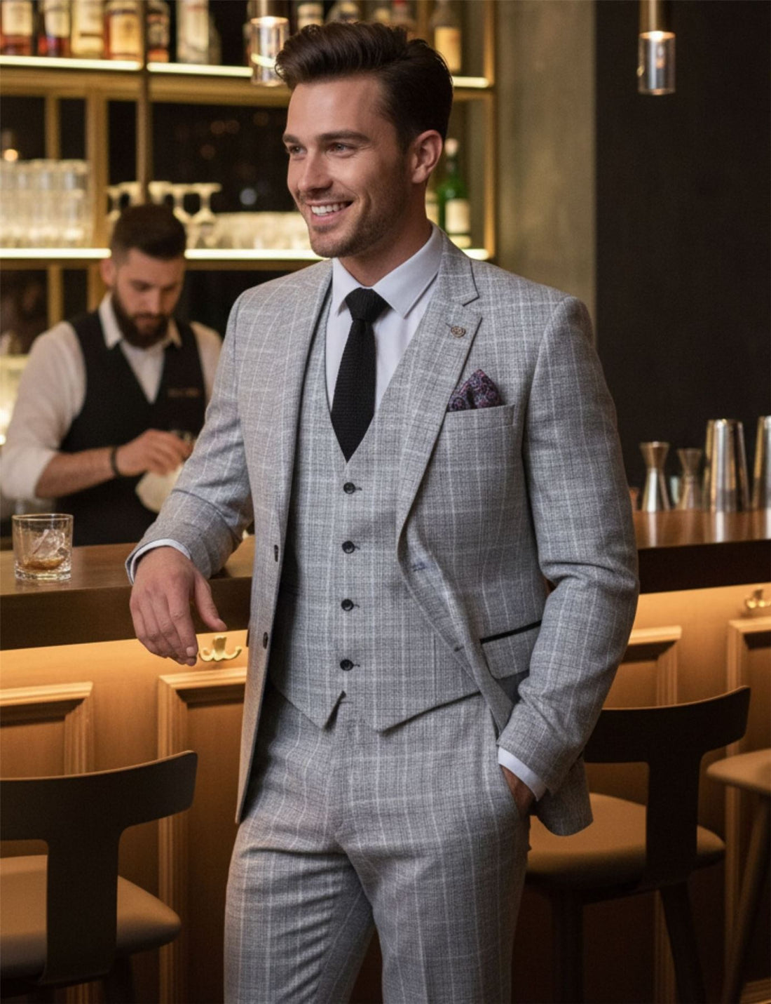 IM11 - Men's Grey 3 Piece Tailored Fit Check Suit