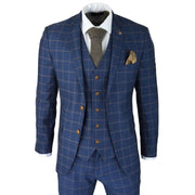 Mens 3 Piece Blue Orange Check Suit Retro Smart Tailored Fit Vintage