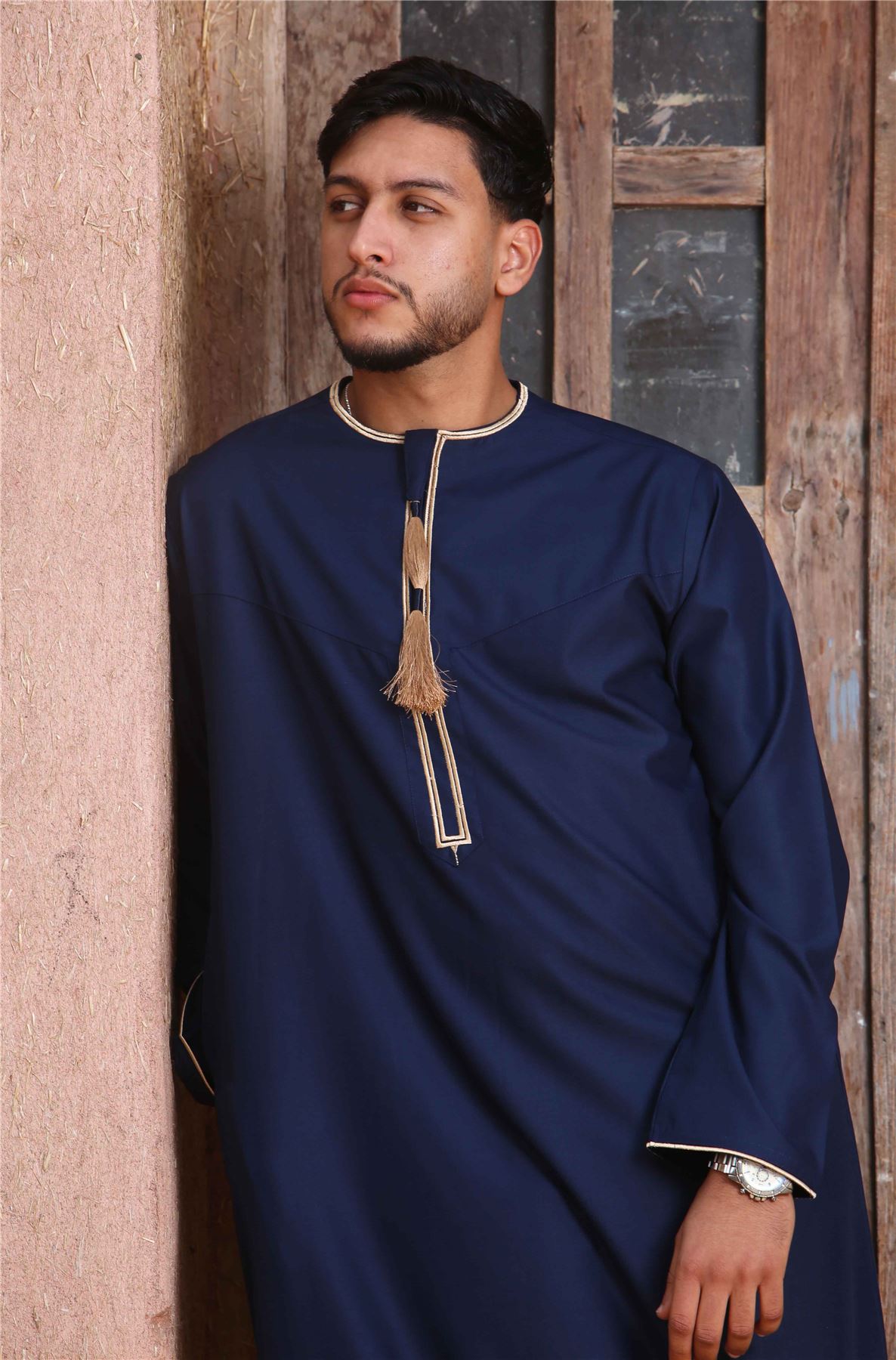 Men's Thobe Emirati Omani Jubba Islamic Clothing Muslim Kaftan Eid Robe Arab Gold Tassel Embroidery