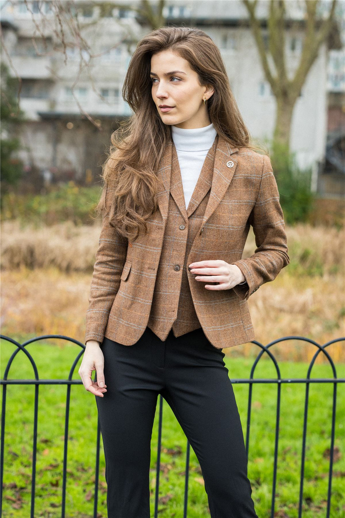 Women's Oak Brown Wool Blend Tweed Herringbone Checkered Blazer Waistcoat