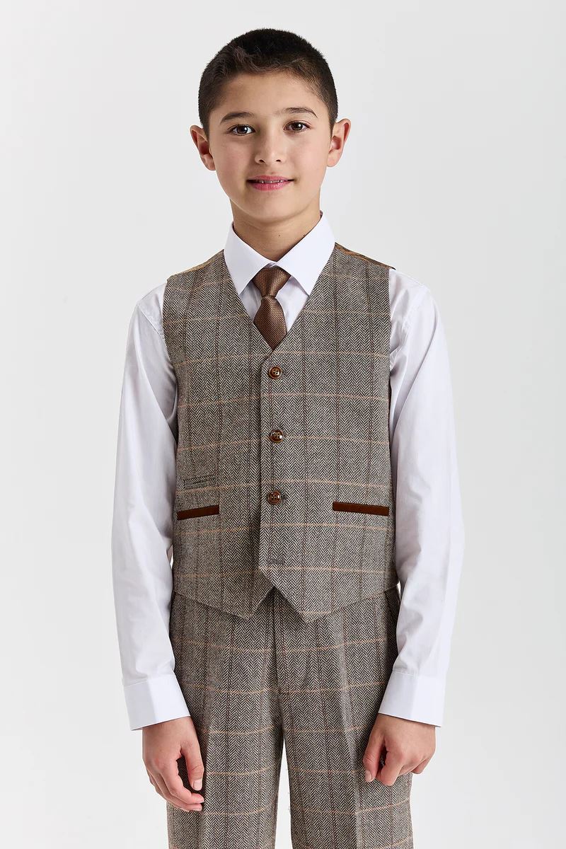 Harris - Boys Brown 3 Piece Wool Blend Tweed Suit