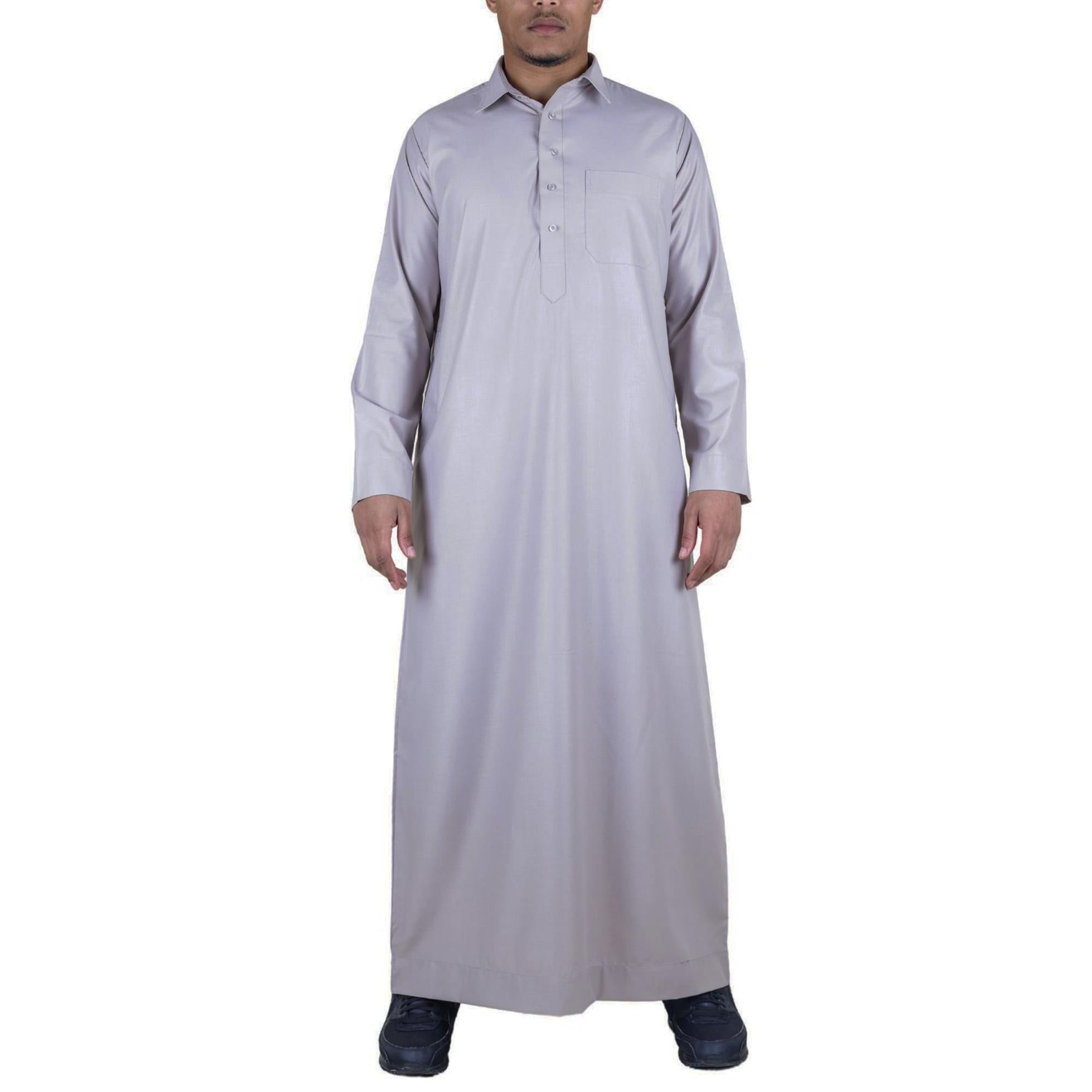 Mens Thobe Jubba Turn Down Collar Islamic Muslim Cotton Kaftan Dress Robe Arabic